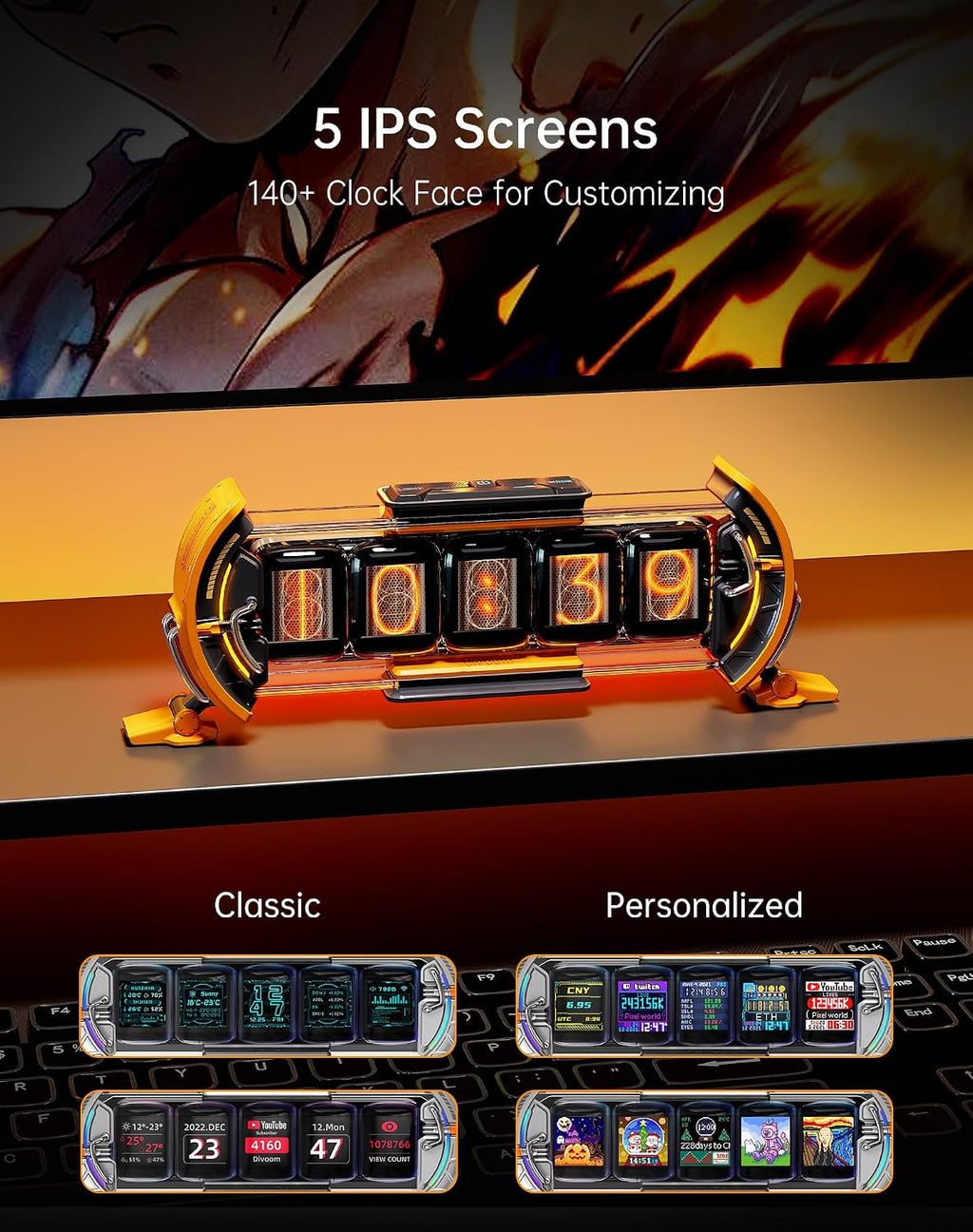 Divoom Times Gate - Cyberpunk Gaming Setup Digital Clock with Smart APP Control, WiFi Connect, RGB LED Display, Personalized Dashboard, Pixel Art for Gaming Room & Office Decor (Yellow)