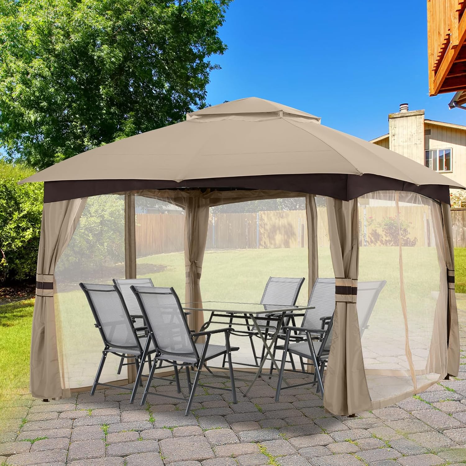 MASTERCANOPY Outdoor Patio Gazebo for Garden with Upgrade Steel Frame and Netting Walls (8x8,Khaki)