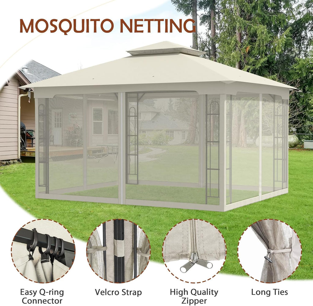 COOS BAY 10x12 Outdoor Patio Gazebo with Netting, Two Tier Water Resistant Canopy for Backyard, Beige