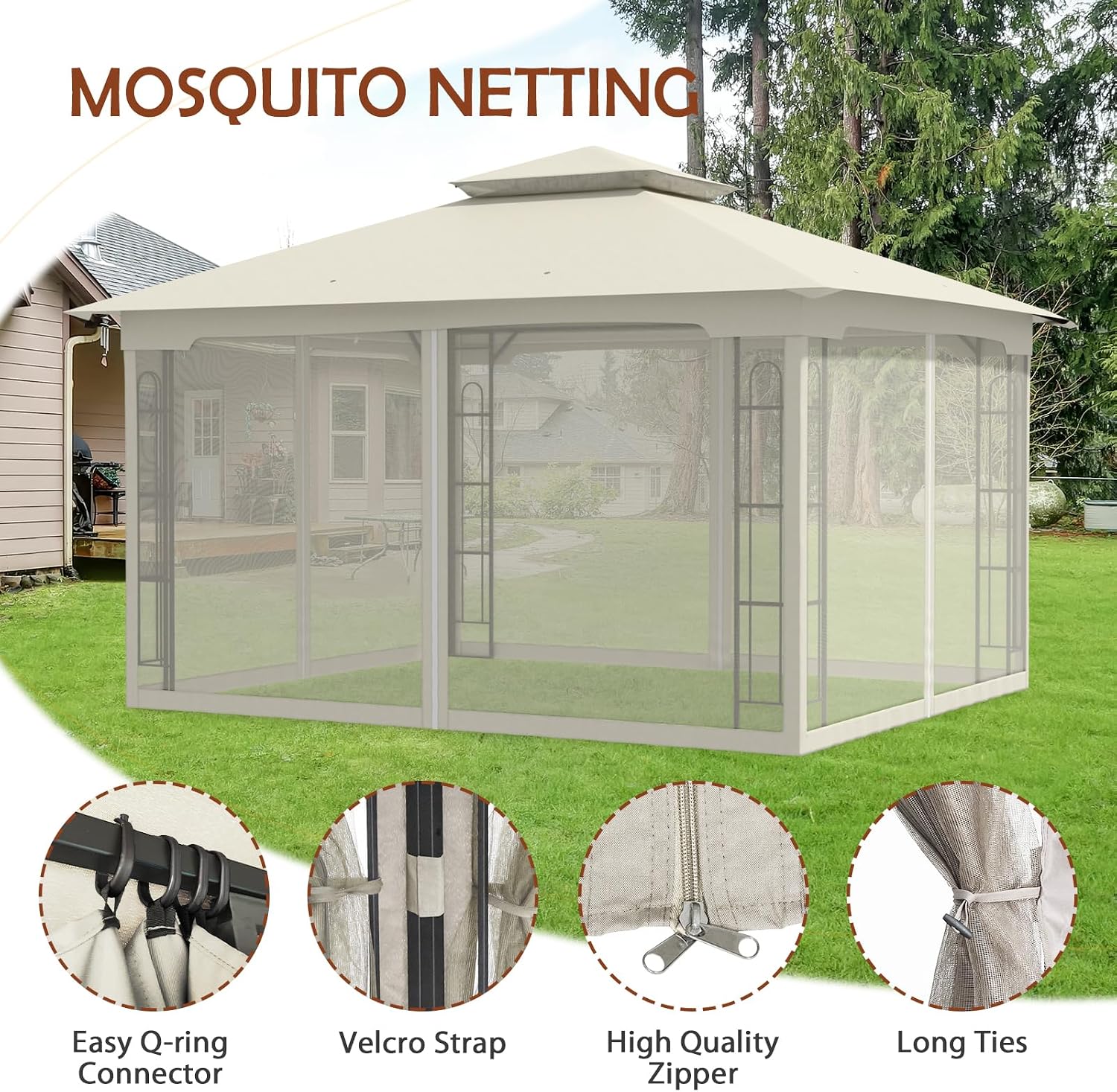 COOS BAY 10x12 Outdoor Patio Gazebo with Netting, Two Tier Water Resistant Canopy for Backyard, Beige