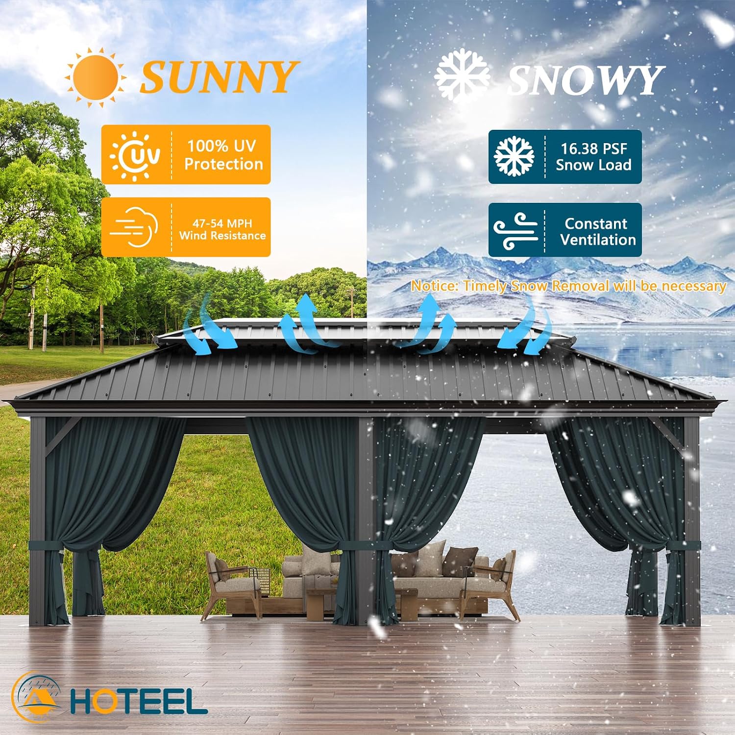 HOTEEL 12x20 Gazebo with Metal Roof Heavy Duty Hardtop Gazebo with Flame-Retardant Curtain & Netting, Hot Tub Gazebos with Galvanized Steel Double Roof, Outdoor Canopy for Patio (2025 Upgraded)