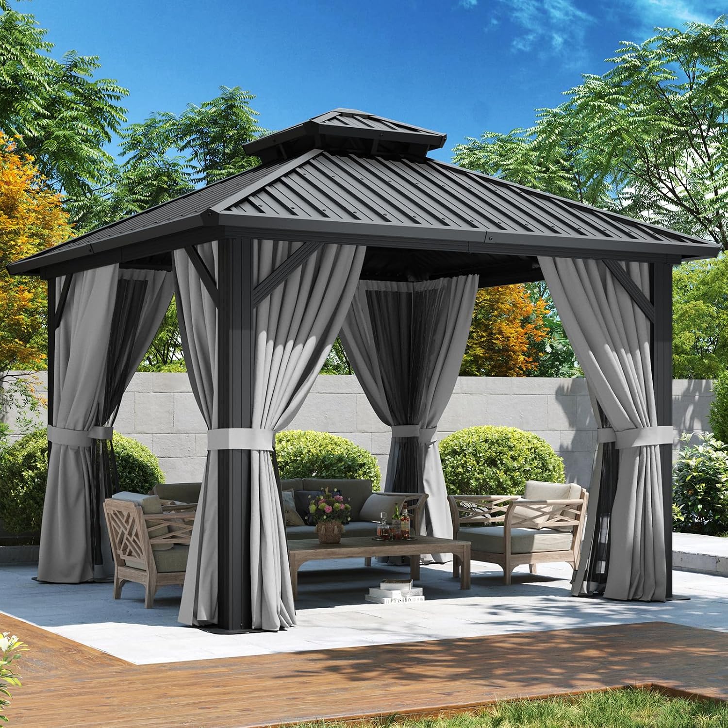 Aoxun 10'x10' Hardtop Gazebo, Permanent Metal Pavilion with Galvanized Steel Double Roof, Outdoor Pregola for Lawn, Garden, Patio (Black)