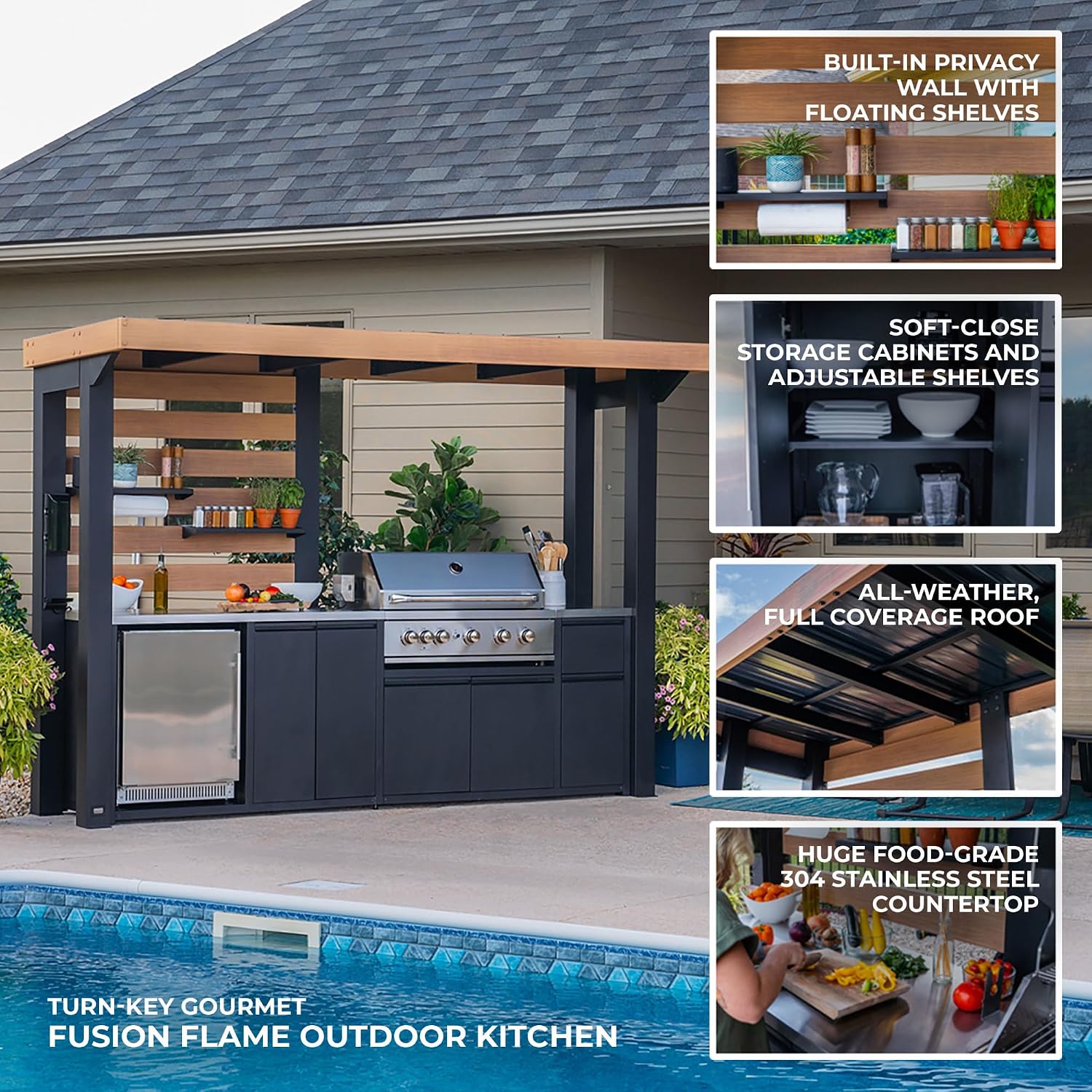 Backyard Discovery Fusion Flame Galvanized Steel Covered Outdoor Kitchen with 5-Burner Stainless, Grill, Refrigerator, Countertop, Storage, and, Roof for All-Season Outdoor Cooking, electric