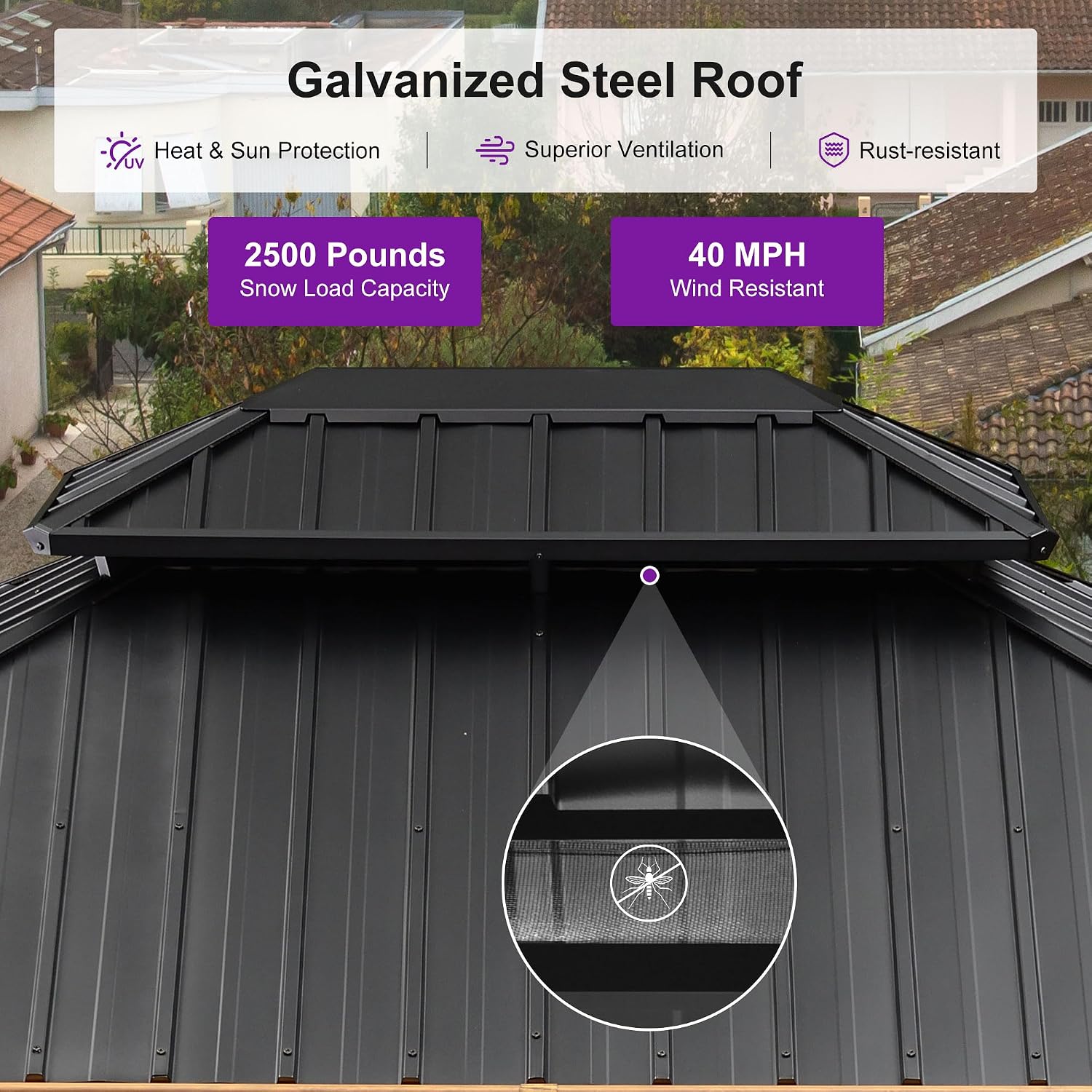 PURPLE LEAF 10' X 12' Outdoor Hardtop Gazebo for Patio Galvanized Steel Double Roof Permanent Canopy Teak Finish Coated Aluminum Frame Pavilion Gazebo with Netting and Lights
