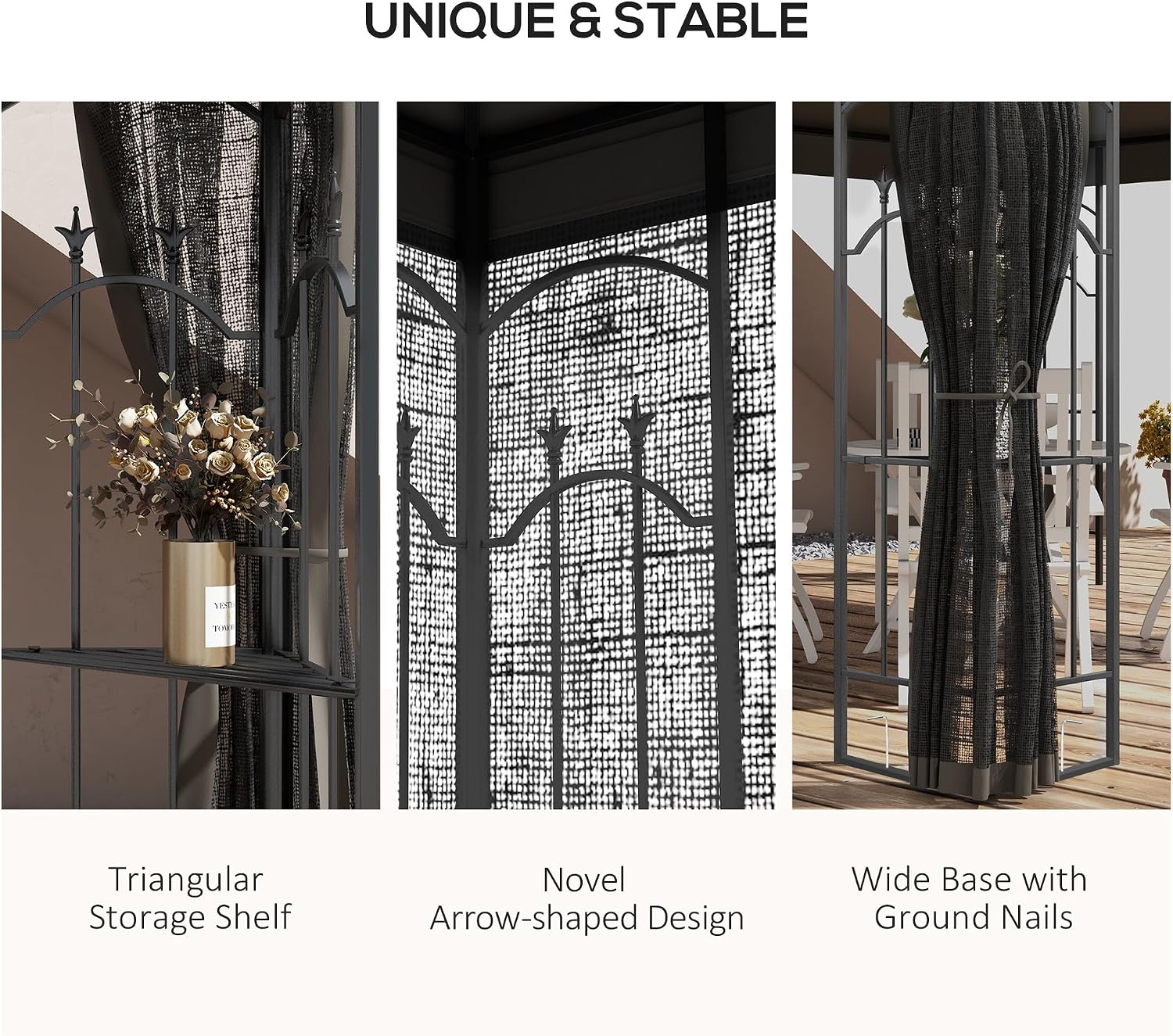 Outsunny 10' x 12' Patio Gazebo with Corner Frame Shelves, Double Roof Outdoor Gazebo Canopy Shelter with Netting for Patio, Wedding, Catering & Events, Gray