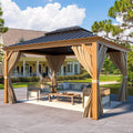 MELLCOM 10' x 12' Hardtop Gazebo, Wooden Finish Coated Aluminum Frame Gazebo with Galvanized Steel Double Roof, Outdoor Permanent Metal Pavilion with Curtains and Nettings for Patio, Lawn & Garden