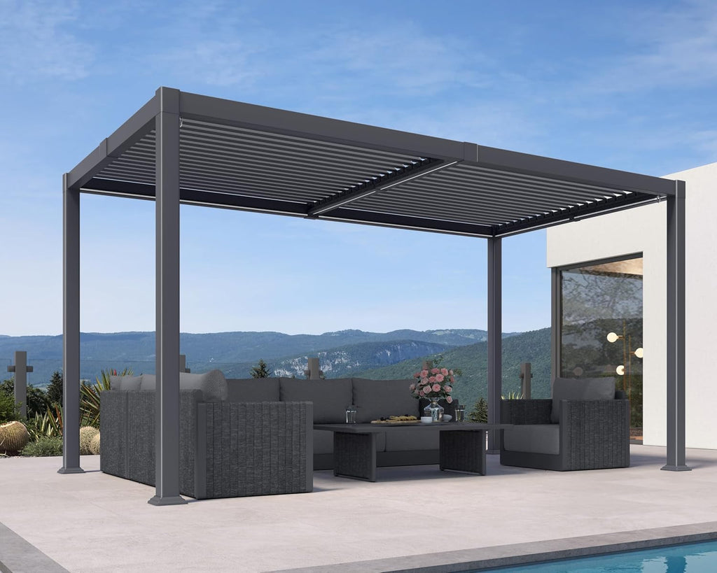 PURPLE LEAF LED Louvered Pergola 92KS 8' x 14' with Integrated Solar Strip Lights Adjustable Aluminum Louvers Wind Resistant Pergolas for Patio Dining Deck Garden Yard Gray