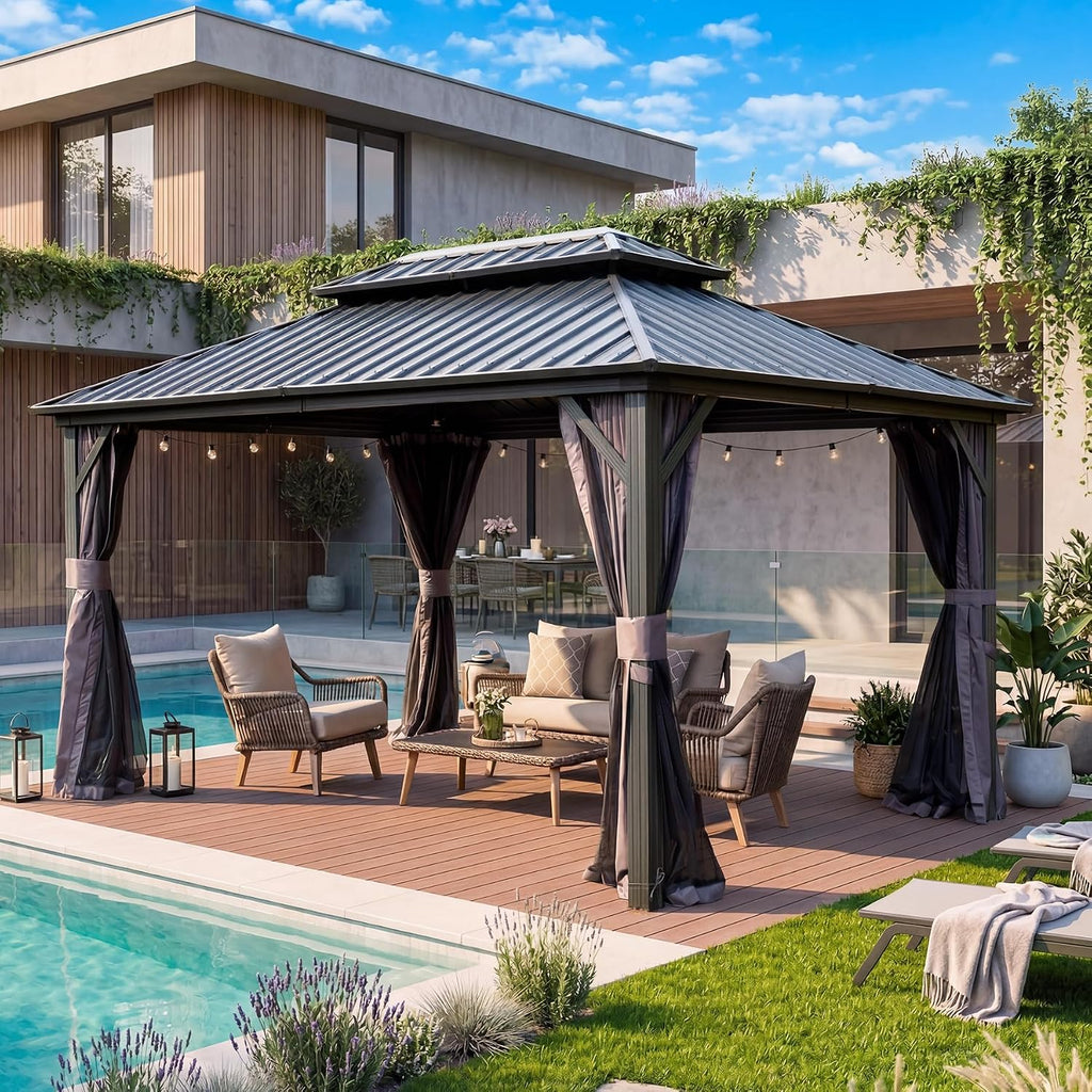 Domi 12' x 14' Hardtop Gazebo Outdoor Metal Gazebo with Galvanized Steel Double Roof Canopy, Curtains and Netting for Patio, Backyard, Deck, Lawn, Grey