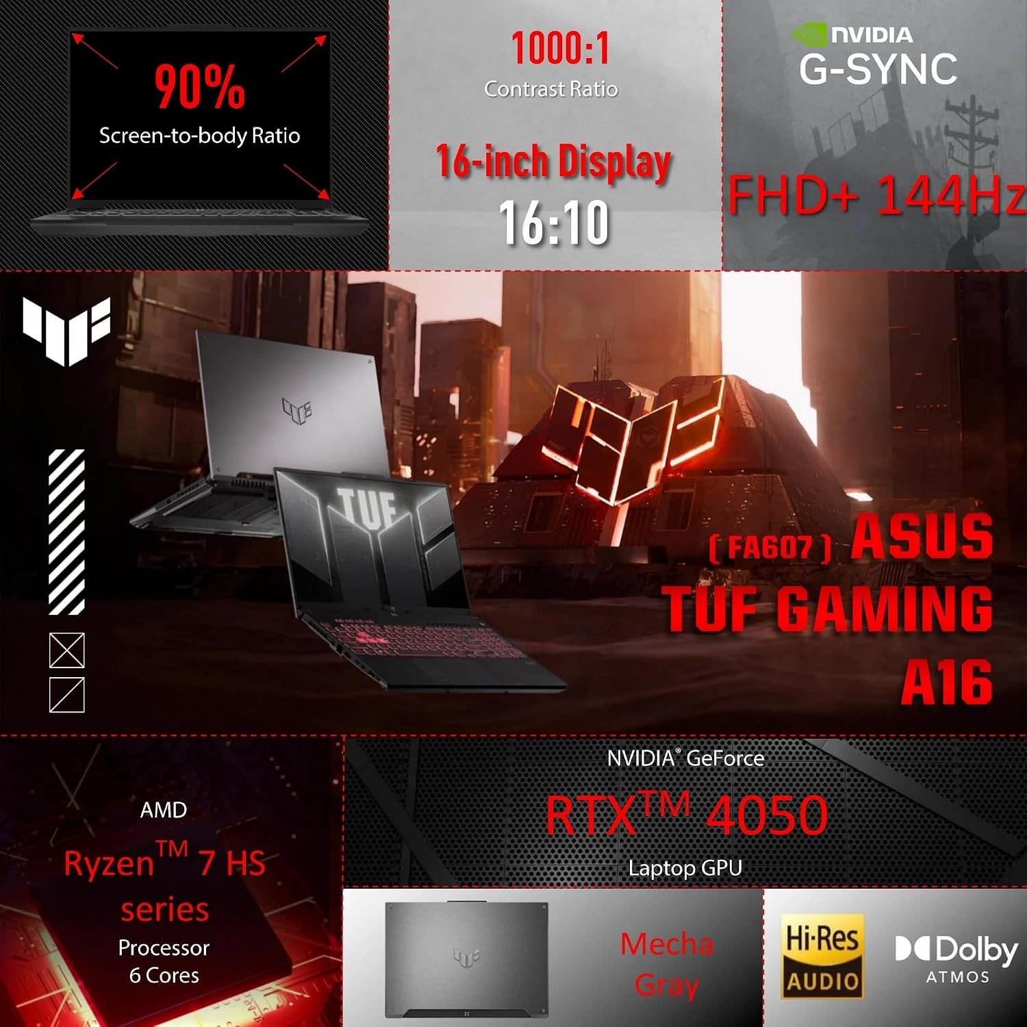 ASUS TUF Gaming A16 Laptop, 16'FHD + 144Hz Gaming Laptop, AMD Ryzen 7-7445HS, NVIDIA GeForce RTX 4050, 16 GB DDR5, 1 TB SSD, BK, Gray, Windows 11 Home, TWE Laptop Foldable Stand