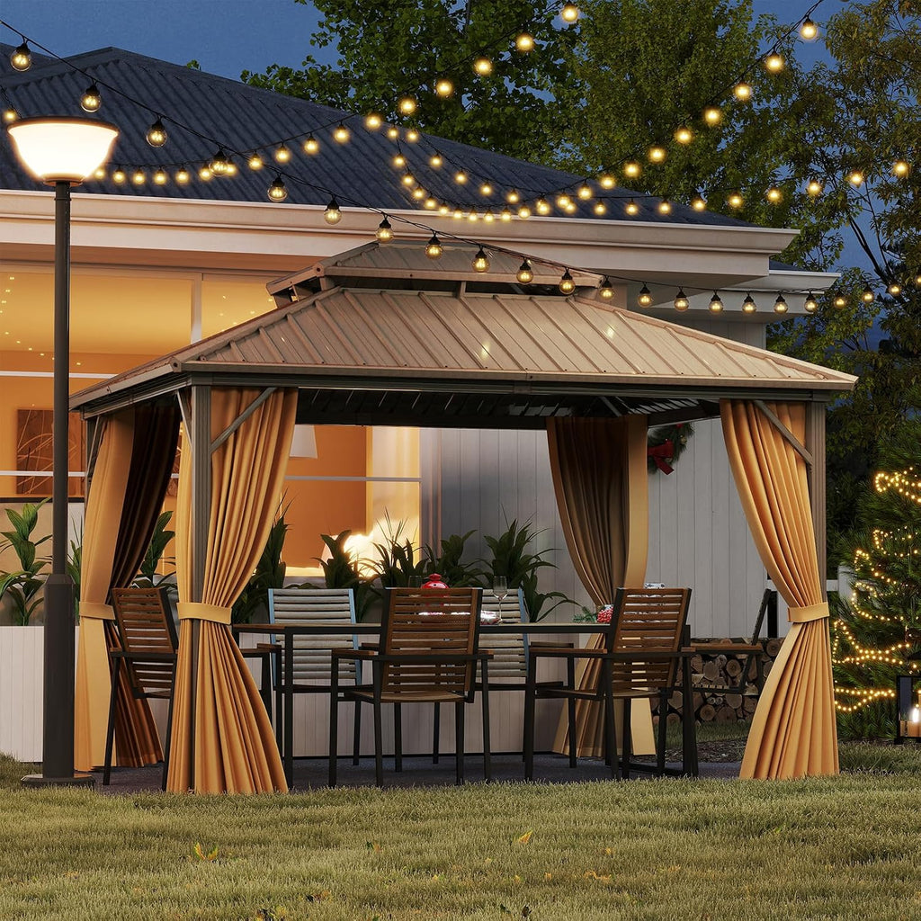 Tangkula 10x12 FT Hardtop Gazebo, Permanent Pavilion Shelter with Netting & Curtain, Heavy-Duty Double Galvanized Metal Roof, Aluminum Frame, Outdoor Gazebo for Patio Garden Deck Lawn Backyard