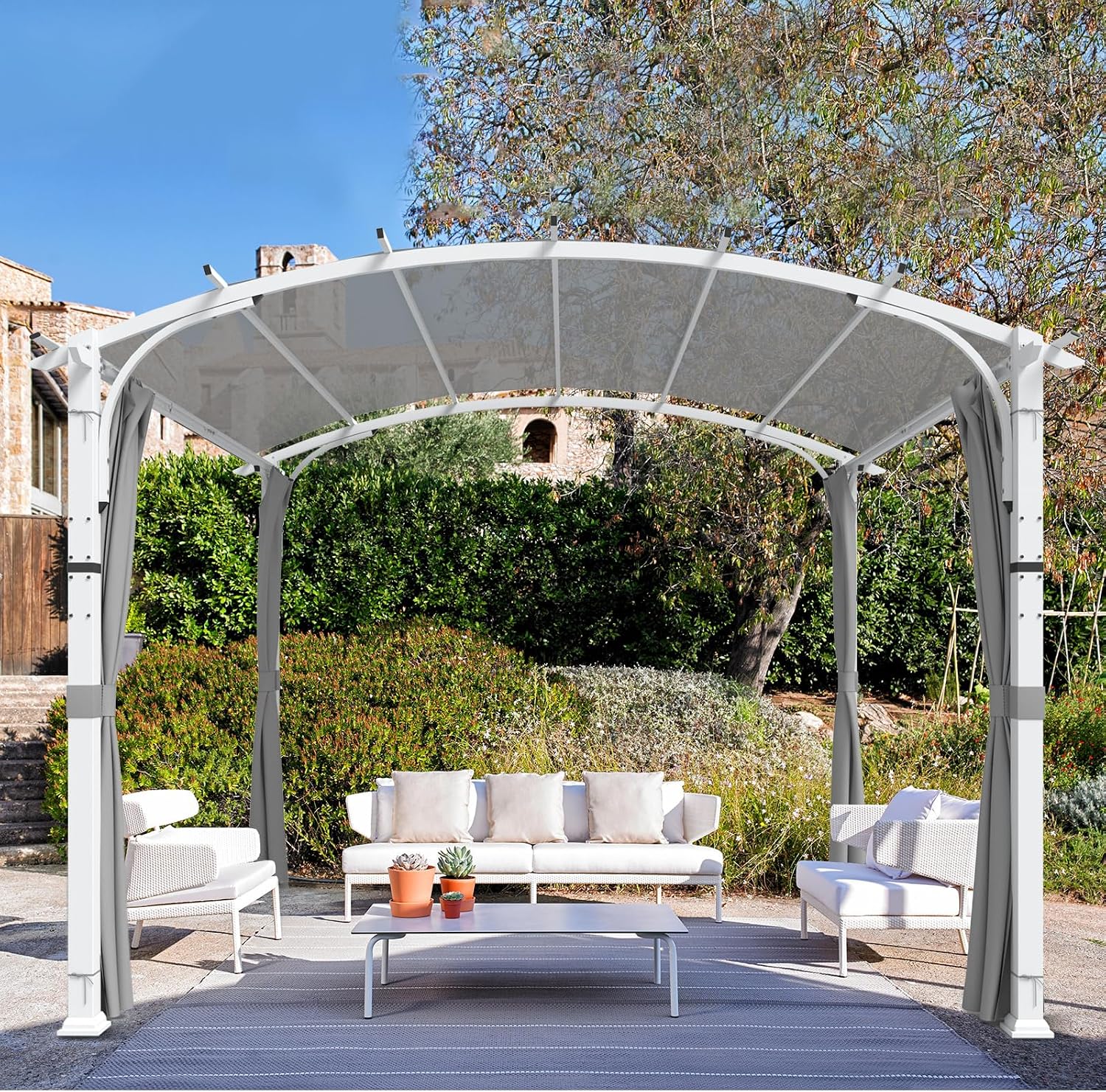 COOS BAY 11x11 Outdoor Pergola with Removable Sidewalls, Steel Frame Pergola with Arched Roof for Patio, Backyard & Garden, Weather Resistant Textilene Shade, Gray