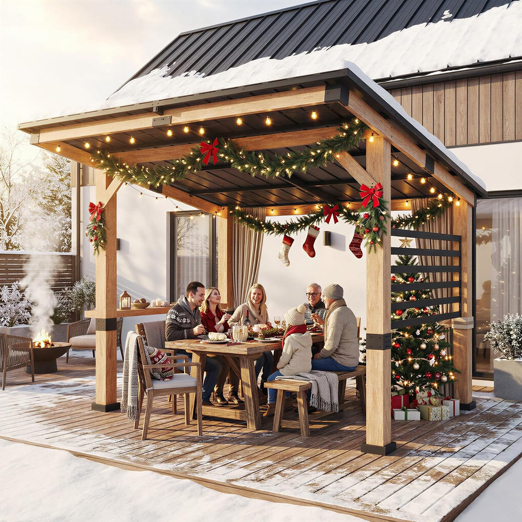 10x12 Cedar Wood Gazebo - Galvanized Steel Frame, Weatherproof Sloping Metal Hardtop with Privacy Screens | Permanent Patio Gazebo for Backyard Grilling & Outdoor Gatherings
