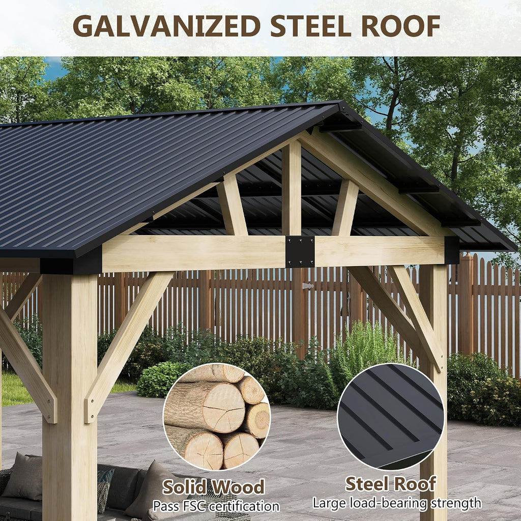 Wood Gazebo 10'x12', Cedar Wooden Gazebos, Outdoor Hardtop Gazebo with Waterproof Steel Roof, Fit Patio, Backyard, Garden, Lawns, Porch