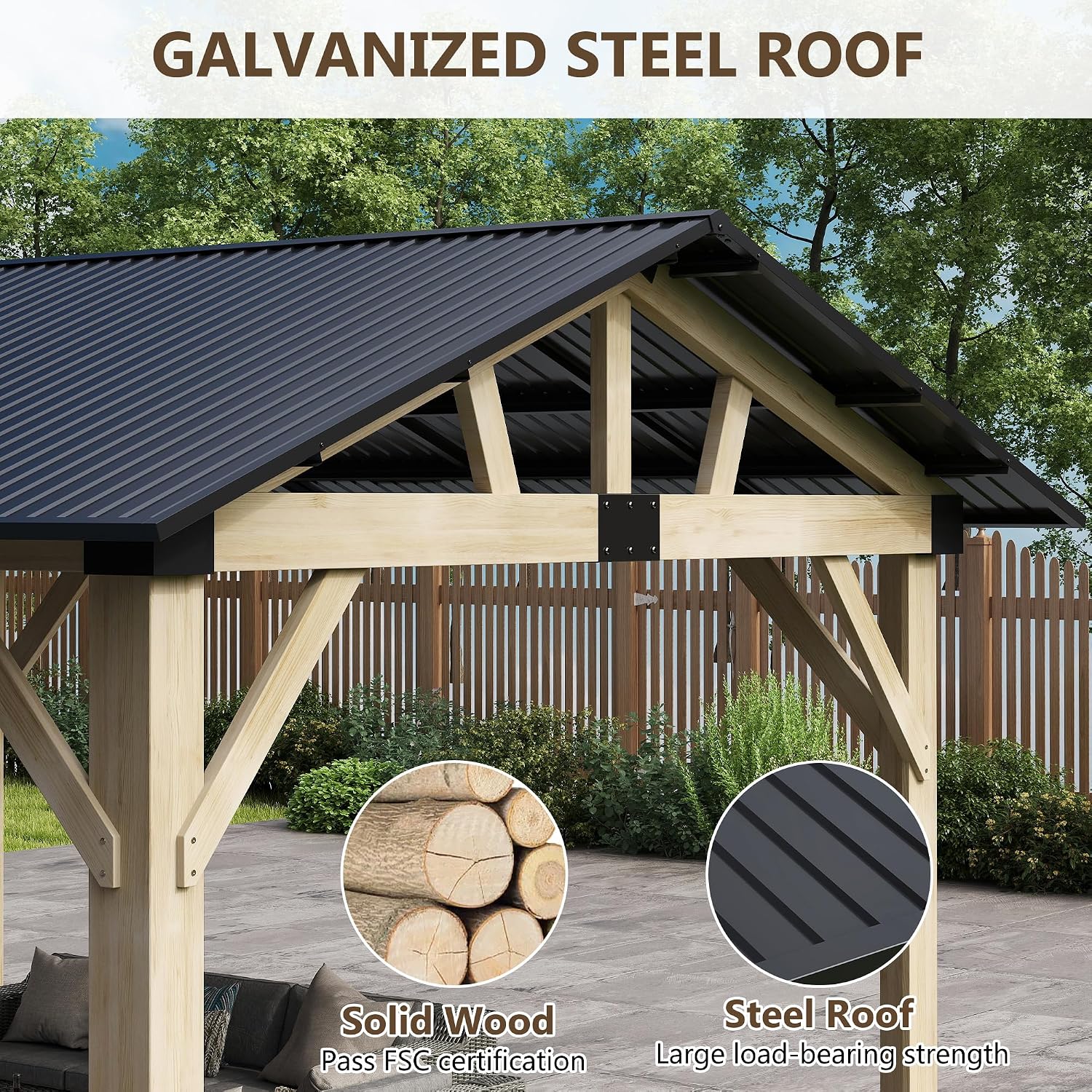 Wood Gazebo 10'x12', Cedar Wooden Gazebos, Outdoor Hardtop Gazebo with Waterproof Steel Roof, Fit Patio, Backyard, Garden, Lawns, Porch