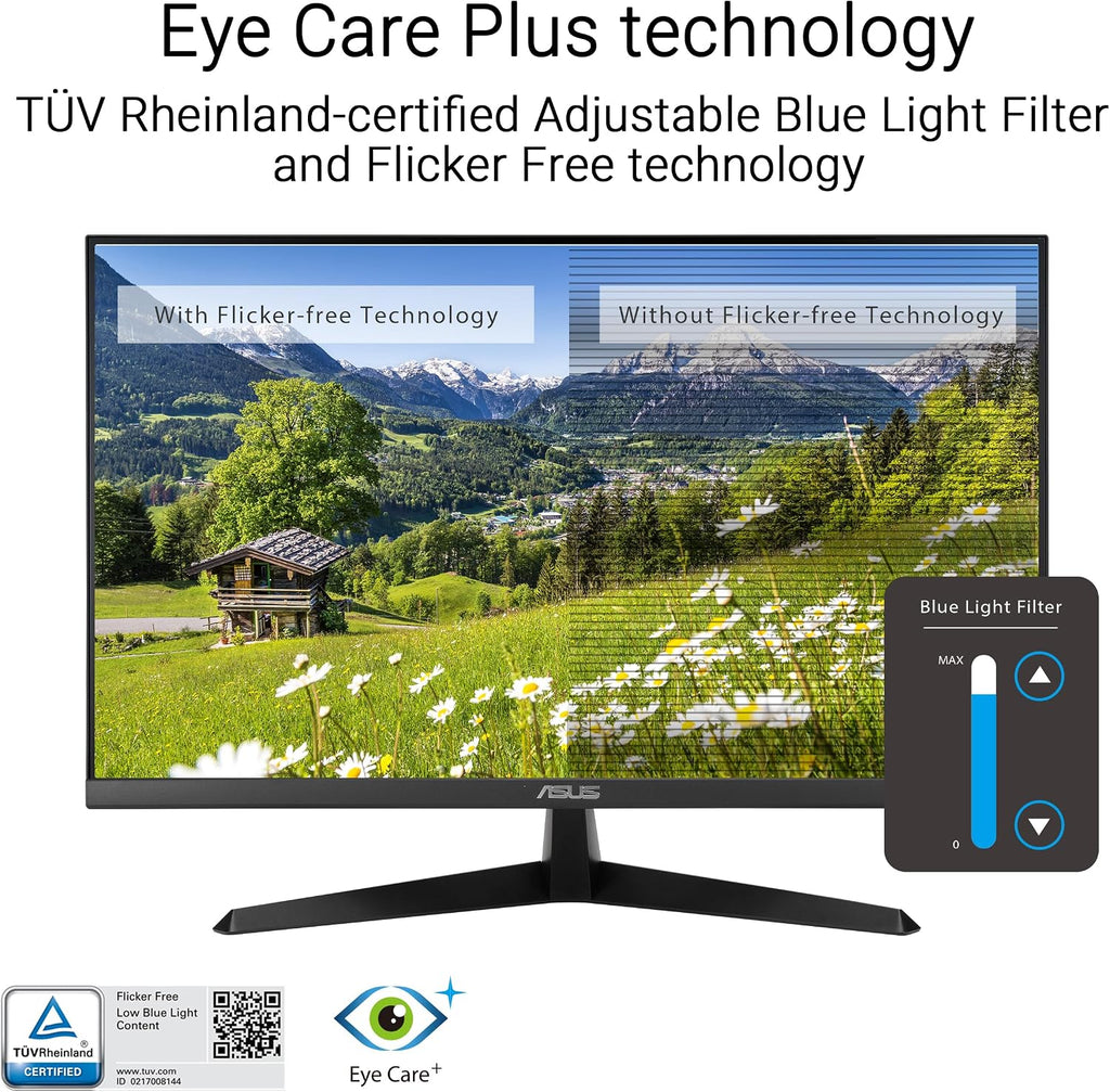 ASUS 27' 4K Eye Care Monitor (VY27UQ) - UHD (3840 x 2160), IPS, HDR10, Adaptive Sync, Eye Care Plus, Display Port, HDMI, Speaker, DisplayWidget, Blue Light Filter, Flicker Free, 3yr Warranty