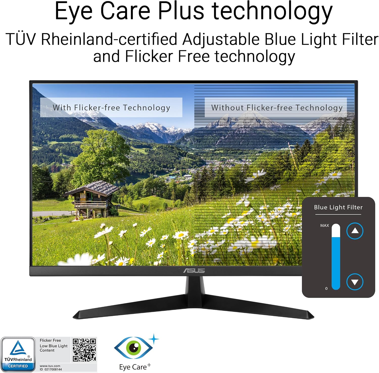 ASUS 27' 4K Eye Care Monitor (VY27UQ) - UHD (3840 x 2160), IPS, HDR10, Adaptive Sync, Eye Care Plus, Display Port, HDMI, Speaker, DisplayWidget, Blue Light Filter, Flicker Free, 3yr Warranty