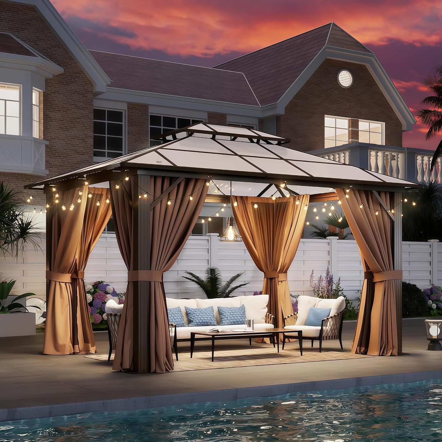 Aoxun 10' x 12' Outdoor Hardtop Gazebo Premium Polycarbonate Double - Roof Structure with Aluminum Frame, Complete with Privacy Curtains & Mosquito Netting for Backyard, Patio, Deck Parties (Brown)