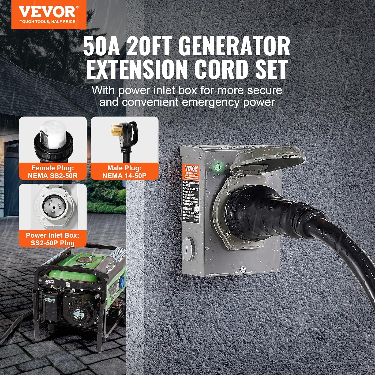 VEVOR 50 Amp Generator Cord and Power Inlet Box Kit, 20FT Generator Extension Cord NEMA 14-50P/SS2-50R STW 6/3+8/1 AWG with Twist Lock Connector, Pre-Drilled Inlet Box, ETL Listed