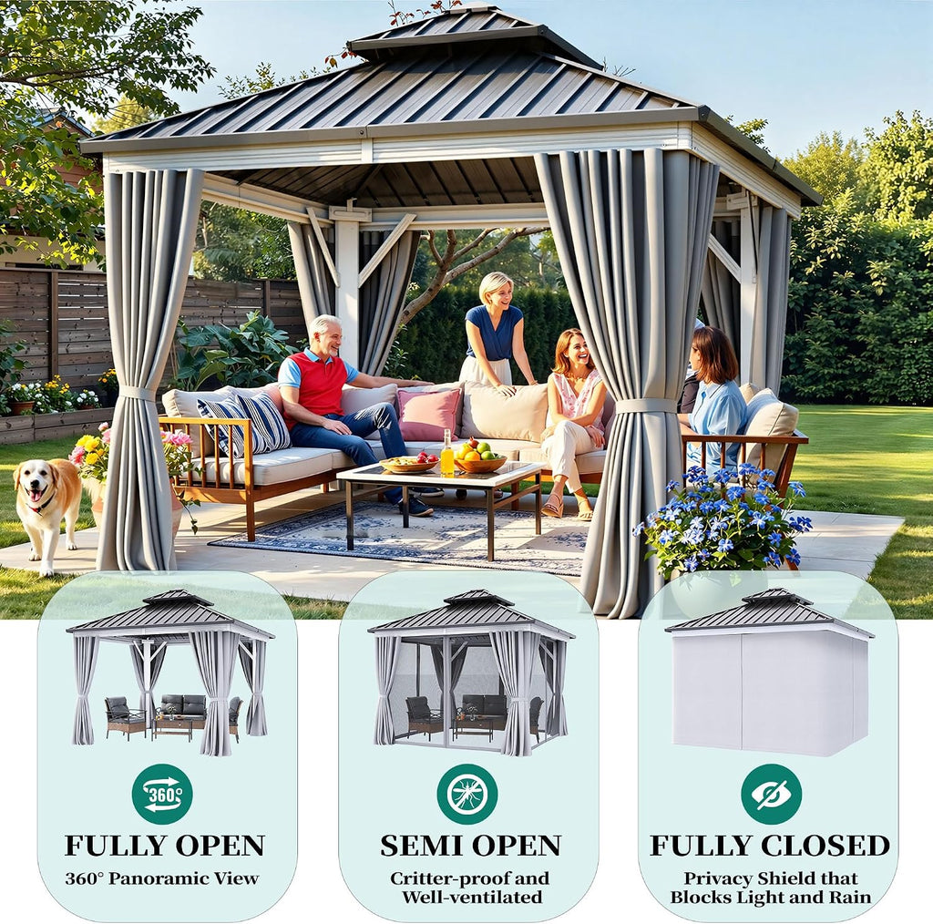 YITAHOME White Gazebo 10x10ft Hardtop Double Roof Canopy Galvanized Iron Aluminum Frame Outdoor Gazebo with Netting and Shaded Curtains Garden Tent for Patio, Backyard, Deck and Lawns, Grey Curtain