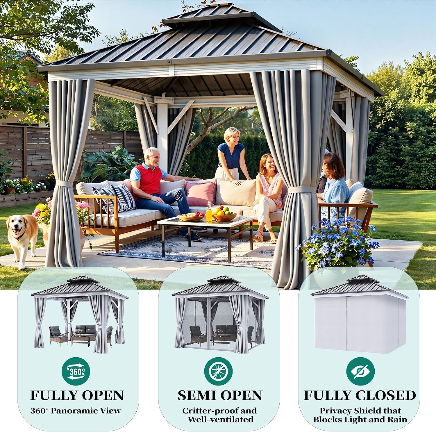 YITAHOME White Gazebo 10x10ft Hardtop Double Roof Canopy Galvanized Iron Aluminum Frame Outdoor Gazebo with Netting and Shaded Curtains Garden Tent for Patio, Backyard, Deck and Lawns, Grey Curtain