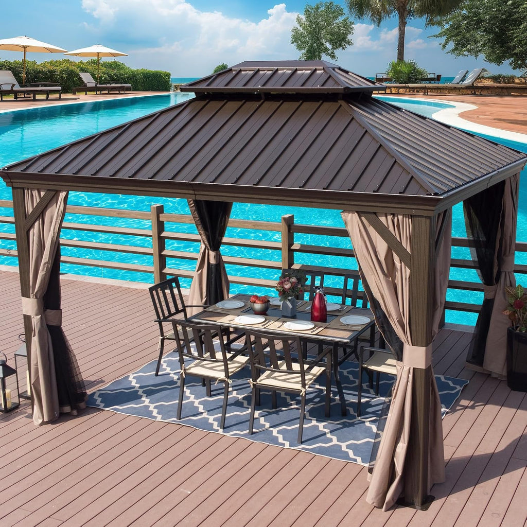 Kozyard Alexander 10' x 12' Hardtop Gazebo, Aluminum Frame with Galvanized Steel Double Roof, Outdoor Permanent Pavilion with Curtains and Netting for Patio, Backyard, Deck, Lawn(Brown)