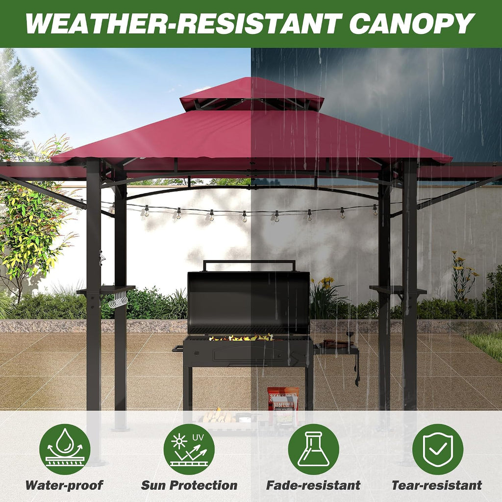 GARTOO 8'x5' Outdoor Grill Gazebo with 2 Side Awnings - Double Roof BBQ Gazebo Canopy with LED Lights and 2 Side Shelves, Patio BBQ Pergola Shelter for Garden, Porch and Backyard (Red)