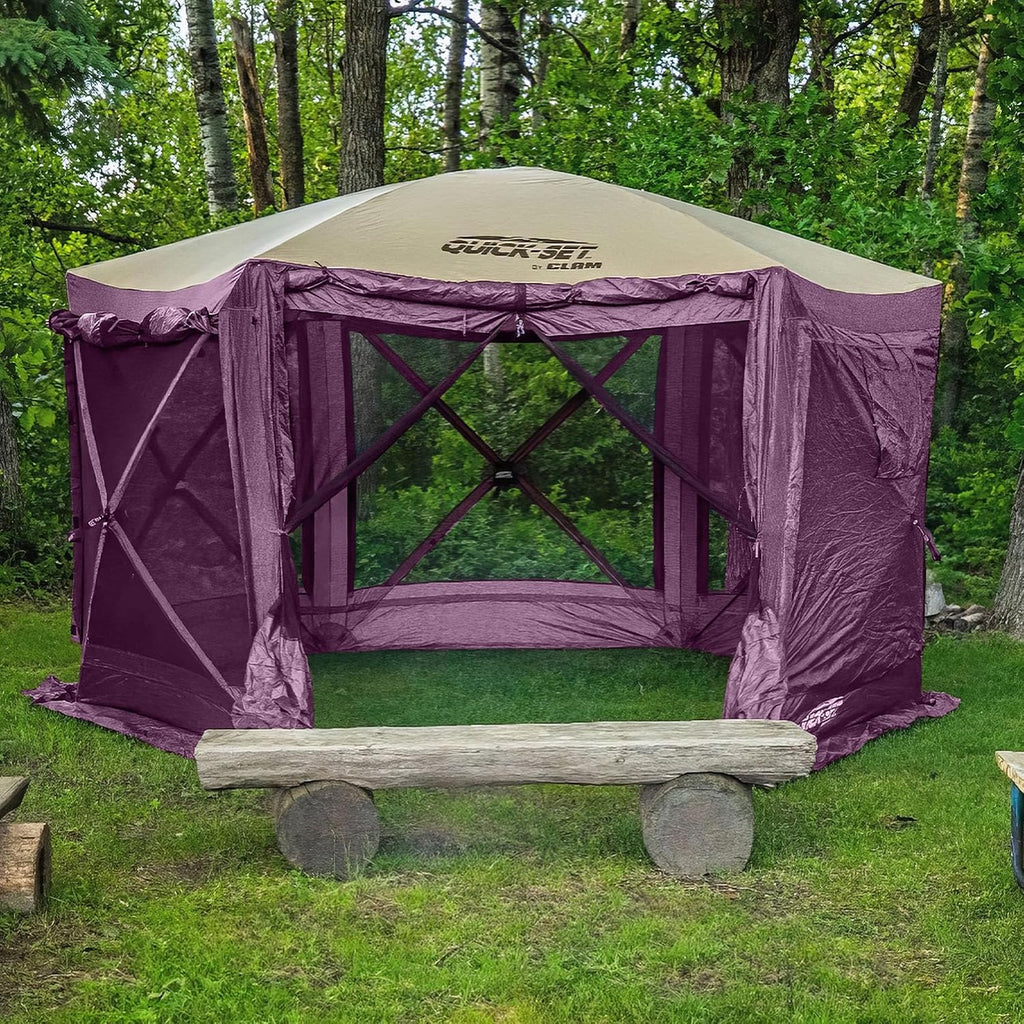 Clam Pavilion 12.5' Pop-Up Screen Tent – Plum Outdoor Camping Gazebo Canopy with Wind Panels, Mesh Netting & Carry Bag – 6-Sided Portable Shelter for 8 People – Fast Setup Patio or Event Tent