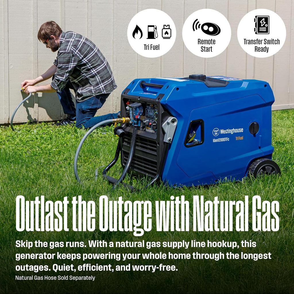 Westinghouse 12000 Peak Watt Tri-Fuel Portable Inverter Generator, Remote Start, Transfer Switch Ready, Gas/Propane/Natural Gas Powered, Low THD, Safe for Electronics, Parallel Capable, CO Sensor
