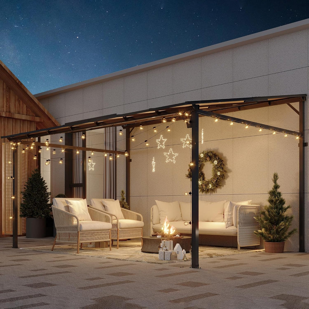 12' x 14' Gazebo, Outdoor Pergolas and Gazebos on Clearance, Hard Top Lean to Gazebo with Metal Frame, Pergola Wall Mounted Pergola with Sloped Roof for Patio, Decks, Backyard