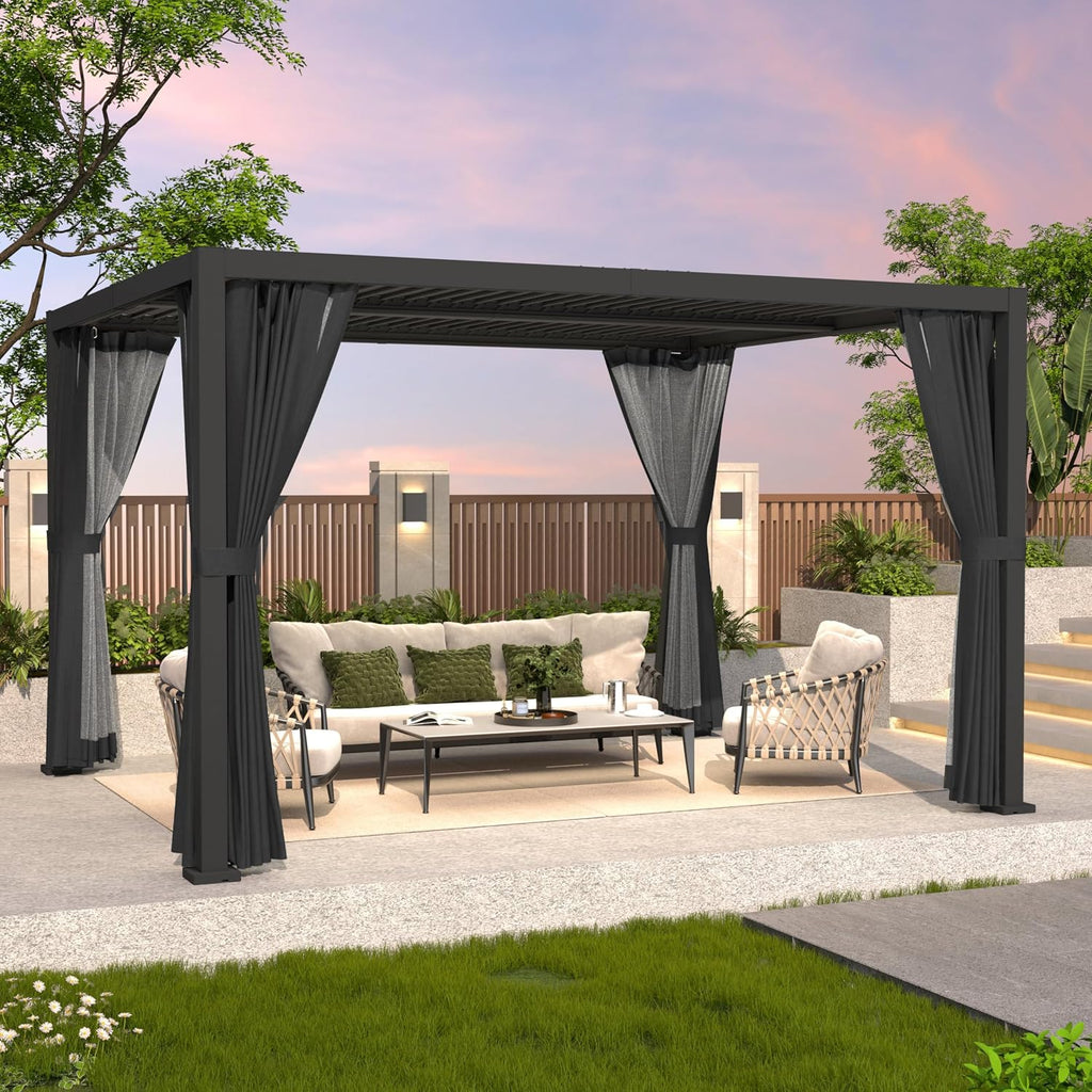 LVUYOYO Louvered Pergola 10' x 12', Outdoor Pergola with Adjustable Roof, Patio Aluminum Frame Metal Gazebo with Curtains and Netting for Patio, Backyard, Garden, Deck (Black)