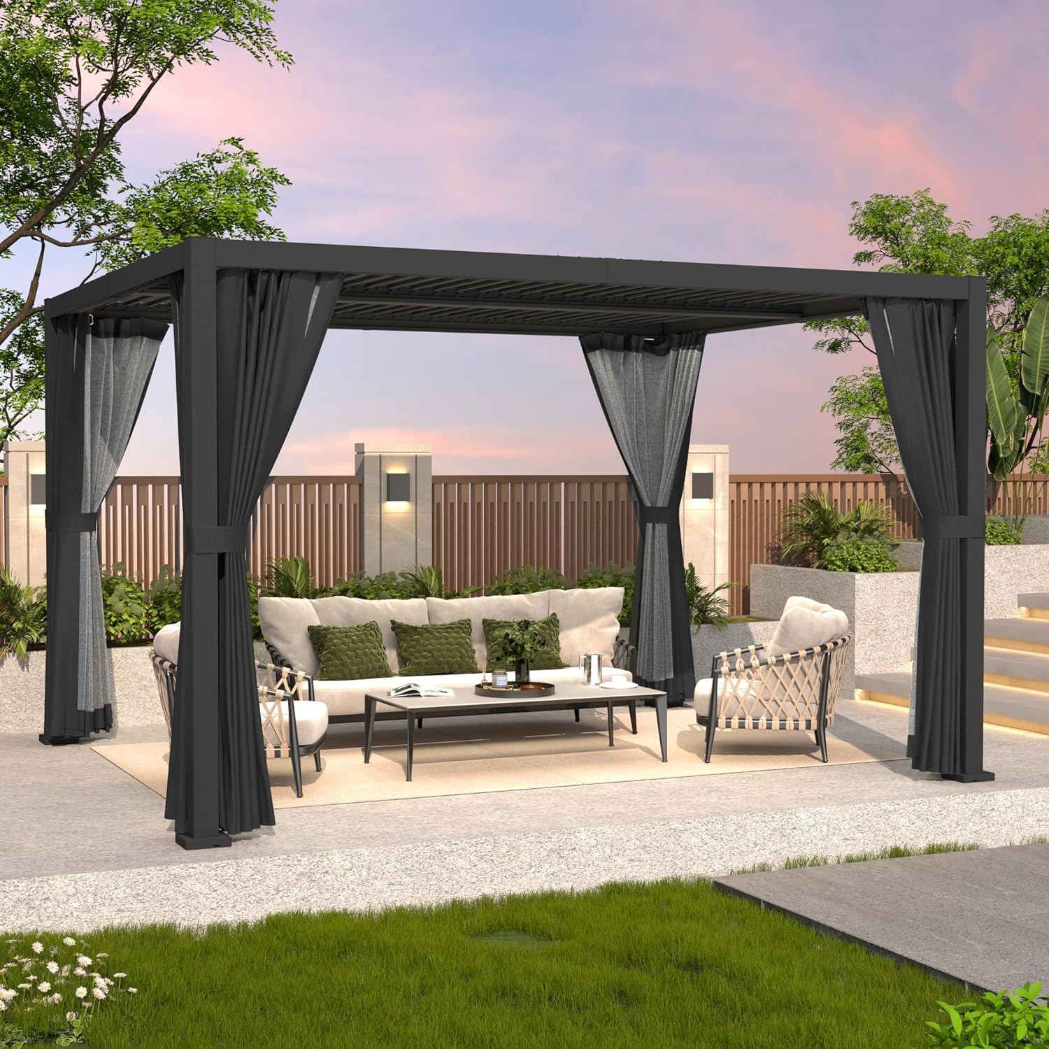 LVUYOYO Louvered Pergola 10' x 12', Outdoor Pergola with Adjustable Roof, Patio Aluminum Frame Metal Gazebo with Curtains and Netting for Patio, Backyard, Garden, Deck (Black)