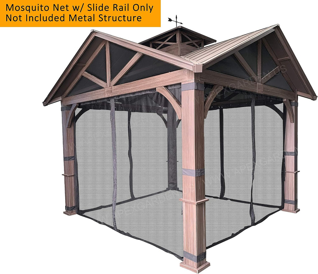 Gazebo Mosquito Netting with Slider Rail for Allen + roth Model #GF-18S112B 10'X10' Wood Looking Hand Paint Metal Square Semi- Gazebo (Screen Net ONLY) (Screen Net with Metal Slider Rail, Black-1)