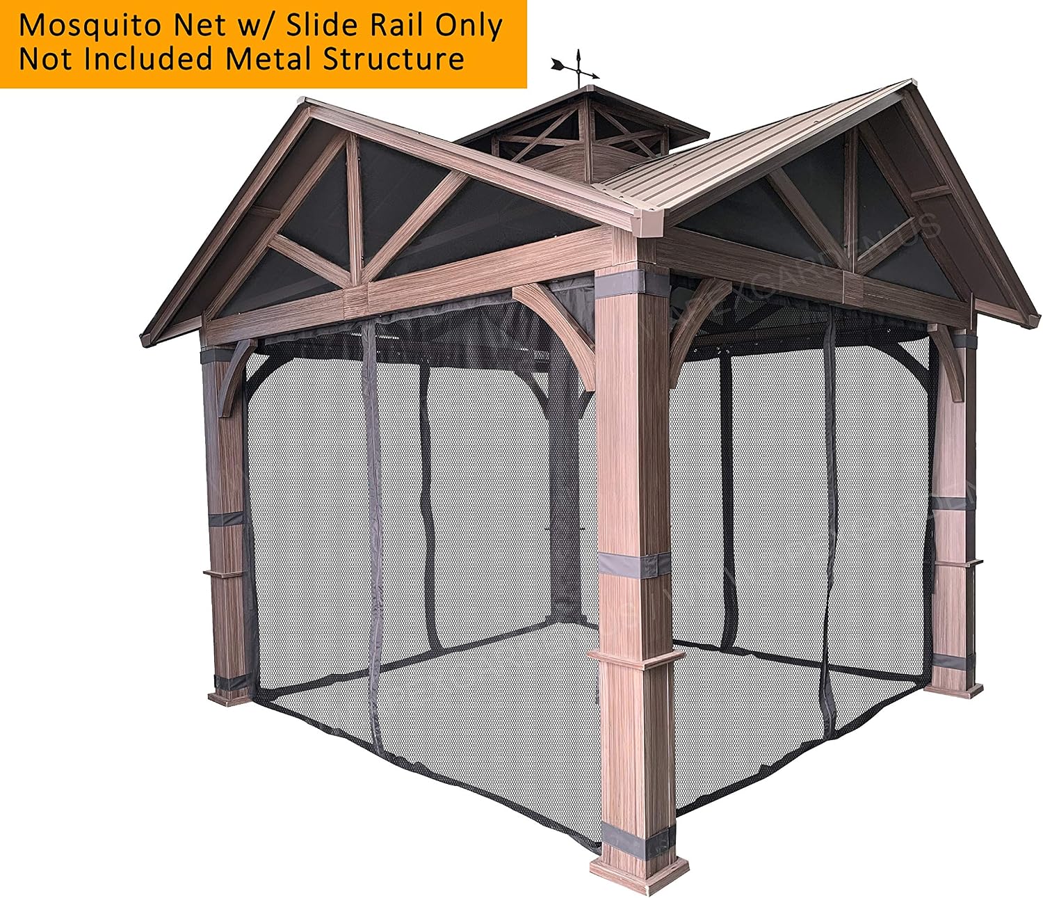 Gazebo Mosquito Netting with Slider Rail for Allen + roth Model #GF-18S112B 10'X10' Wood Looking Hand Paint Metal Square Semi- Gazebo (Screen Net ONLY) (Screen Net with Metal Slider Rail, Black-1)