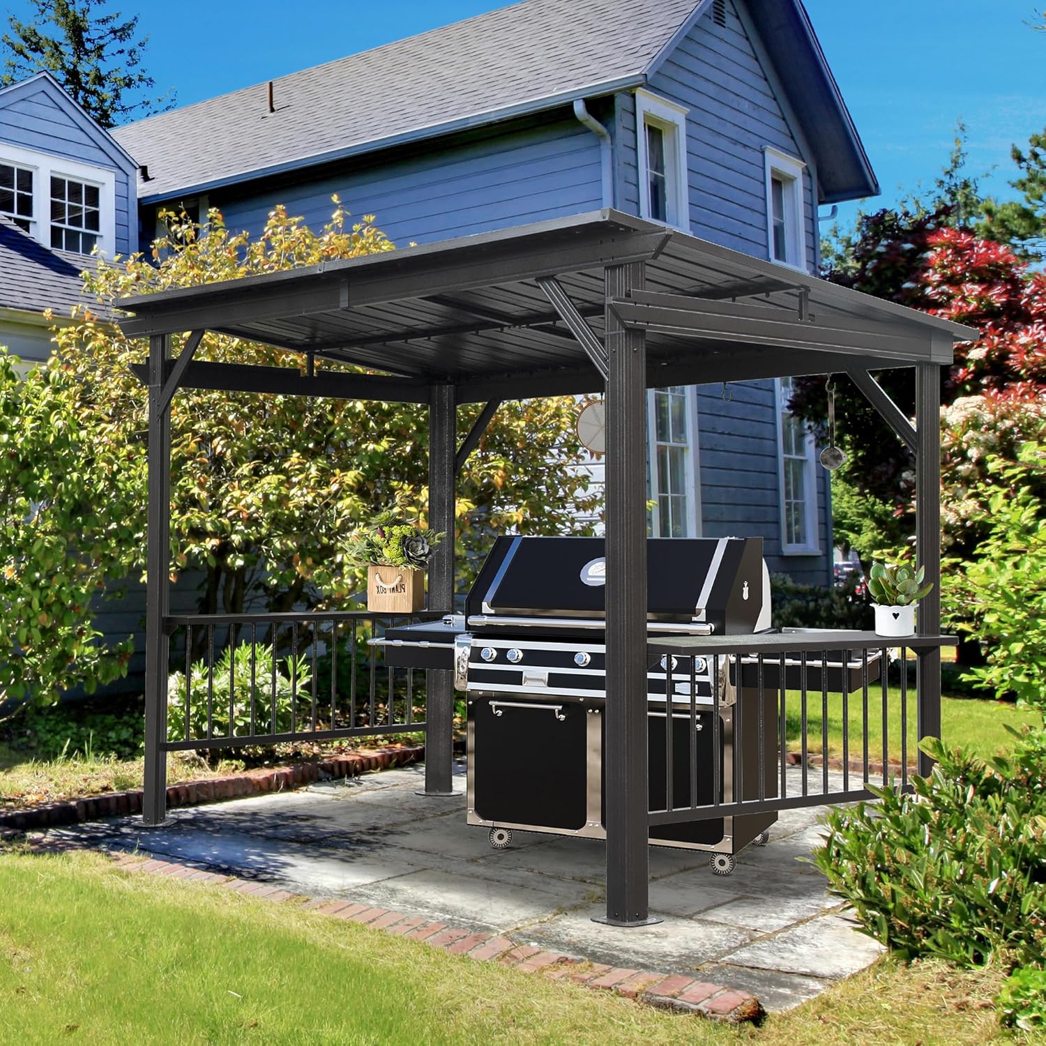 Domi 6.5x12FT Hardtop Grill Gazebo, Outdoor BBQ Gazebo with 2 Side Shelves and Sloping Galvanized Steel Roof, Metal Permanent Grill Canopy with Ceiling Hooks for Patio, Lawn, Backyard, Deck, Gray