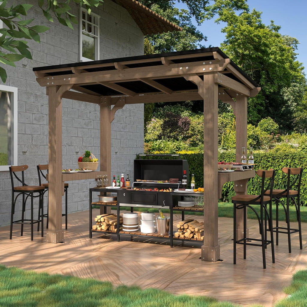VEIKOU 8'x5' Grill Gazebo, Patio Gazebo with Hardtop Metal Roof, Rainwater Drainage, Wood Frame, BBQ Gazebo for Barbecue, Backyard, Garden, Light Mocha Brown