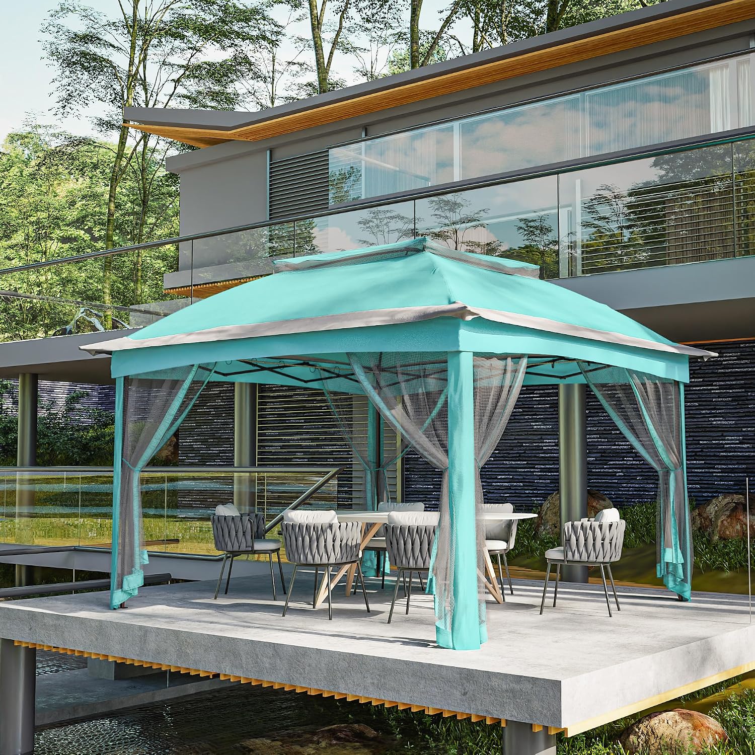 Joyside 11'x11' Pop Up Gazebo for Patios Gazebo Canopy Tent with Sidewalls Outdoor Gazebo with Mosquito Netting Pop Up Canopy Shelter Wedding Tent with Aqua Shade(Aqua Blue)