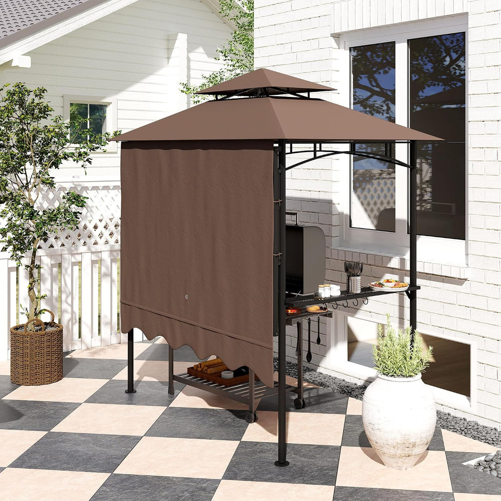 Outsunny 8' x 7.6' Grill Gazebo, Double Tiered Outdoor BBQ Gazebo with Side Awning, 2 Side Shelves and 6 Hooks for Patio, Deck, Yard, Brown