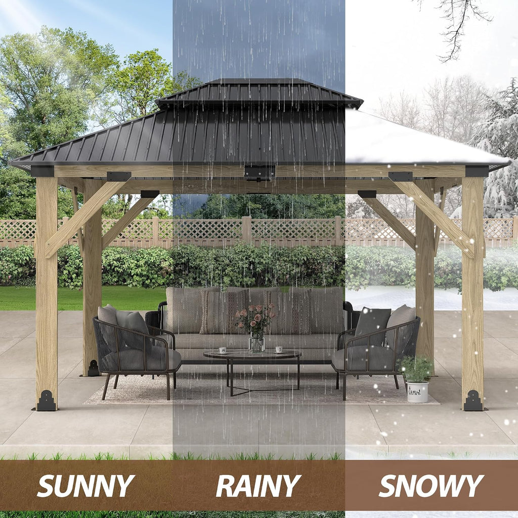 11'x13' Wood Gazebo,Outdoor Hardtop Gazebo with Galvanized Steel Doule Roof, Wooden Frame Gazebos for Patio Backyard Deck