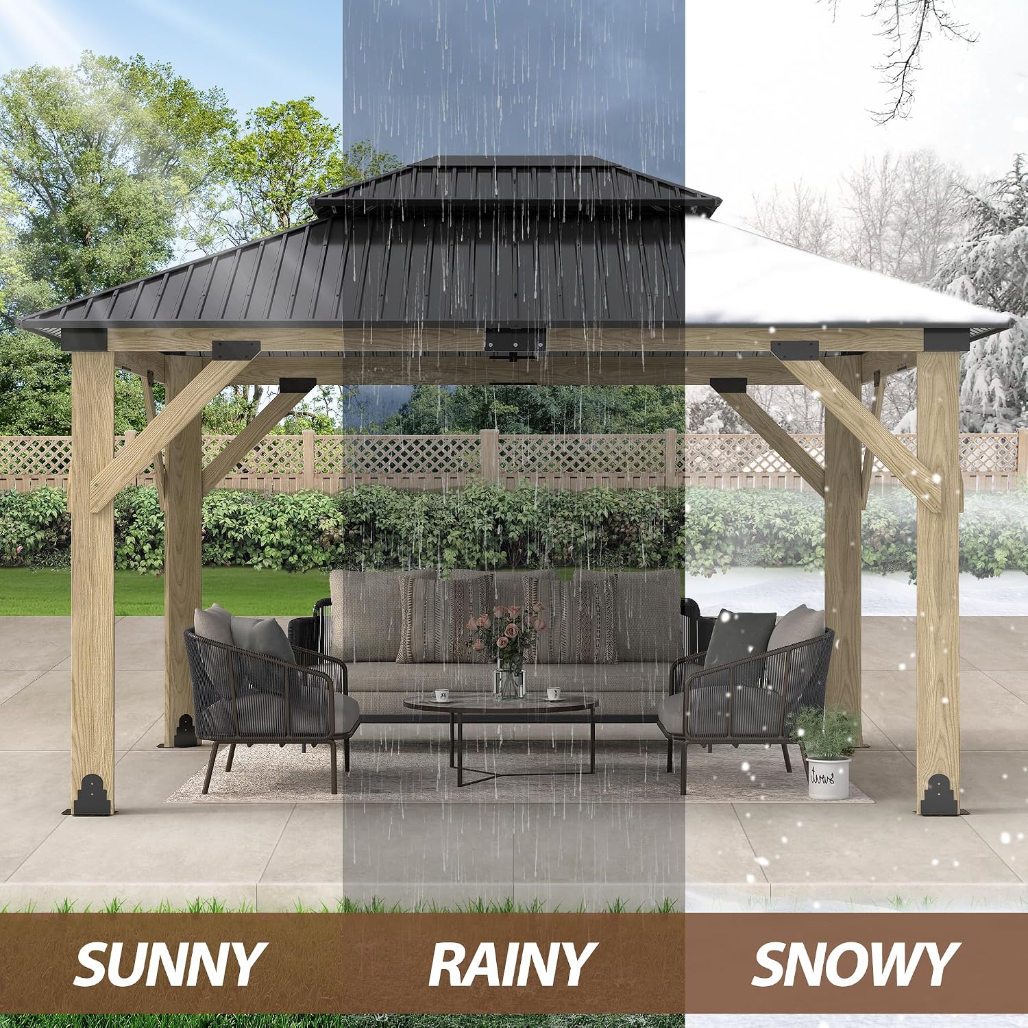 11'x13' Wood Gazebo,Outdoor Hardtop Gazebo with Galvanized Steel Doule Roof, Wooden Frame Gazebos for Patio Backyard Deck