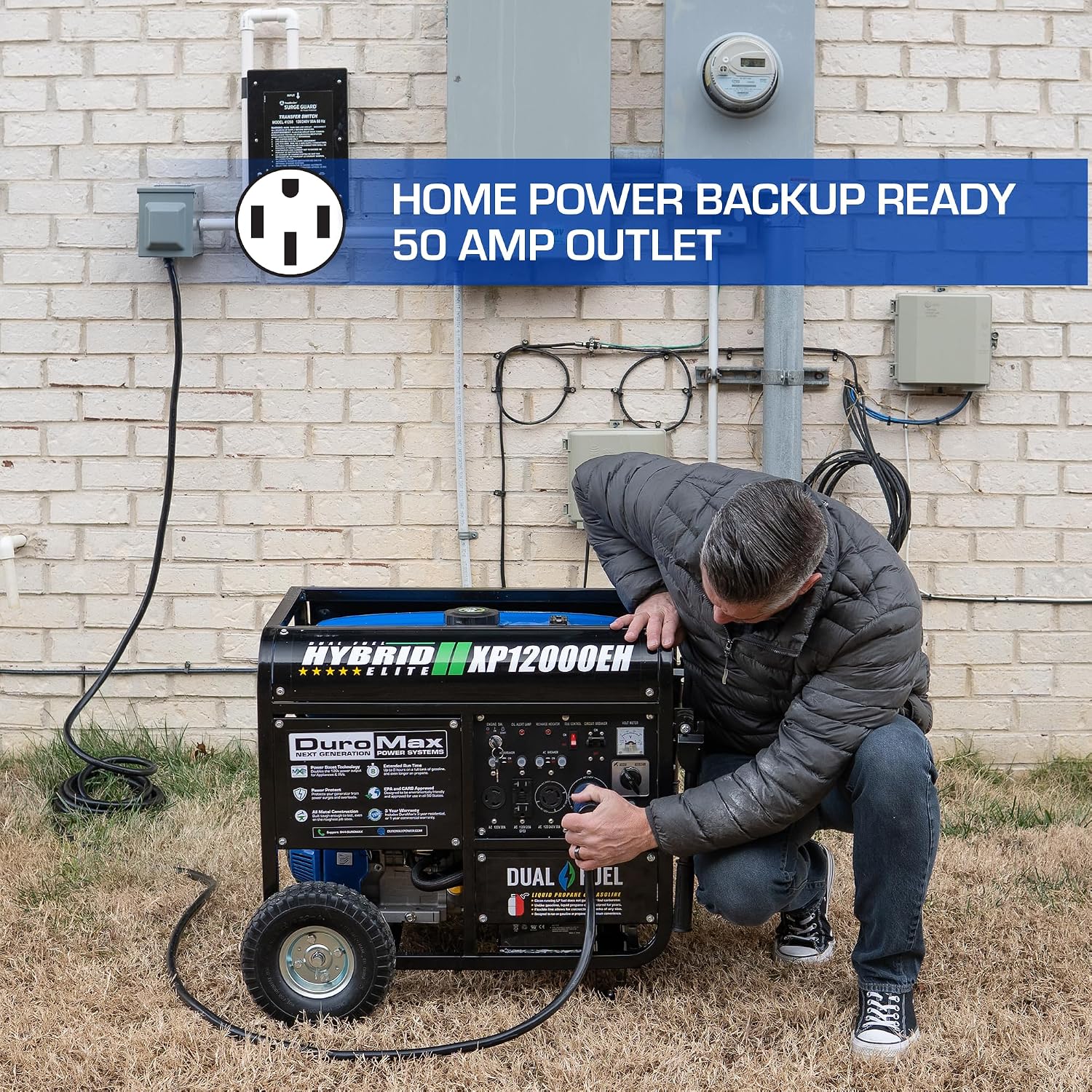 DuroMax XP12000EH 12,000-Watt Dual Fuel Portable Generator – Gas & Propane, Electric Start, Whole Home Backup Power, Transfer Switch Ready, RV & Emergency Ready