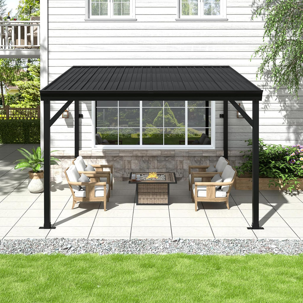 Yardenaler 8x10 FT Wall Mounted Gazebo with Triangle Structure, Hardtop Lean to Gazebo with Aluminum Slope Roof, 3.15'x3.15' Post Outdoor Pergola with Drainage System for Patio, Backyard, Deck