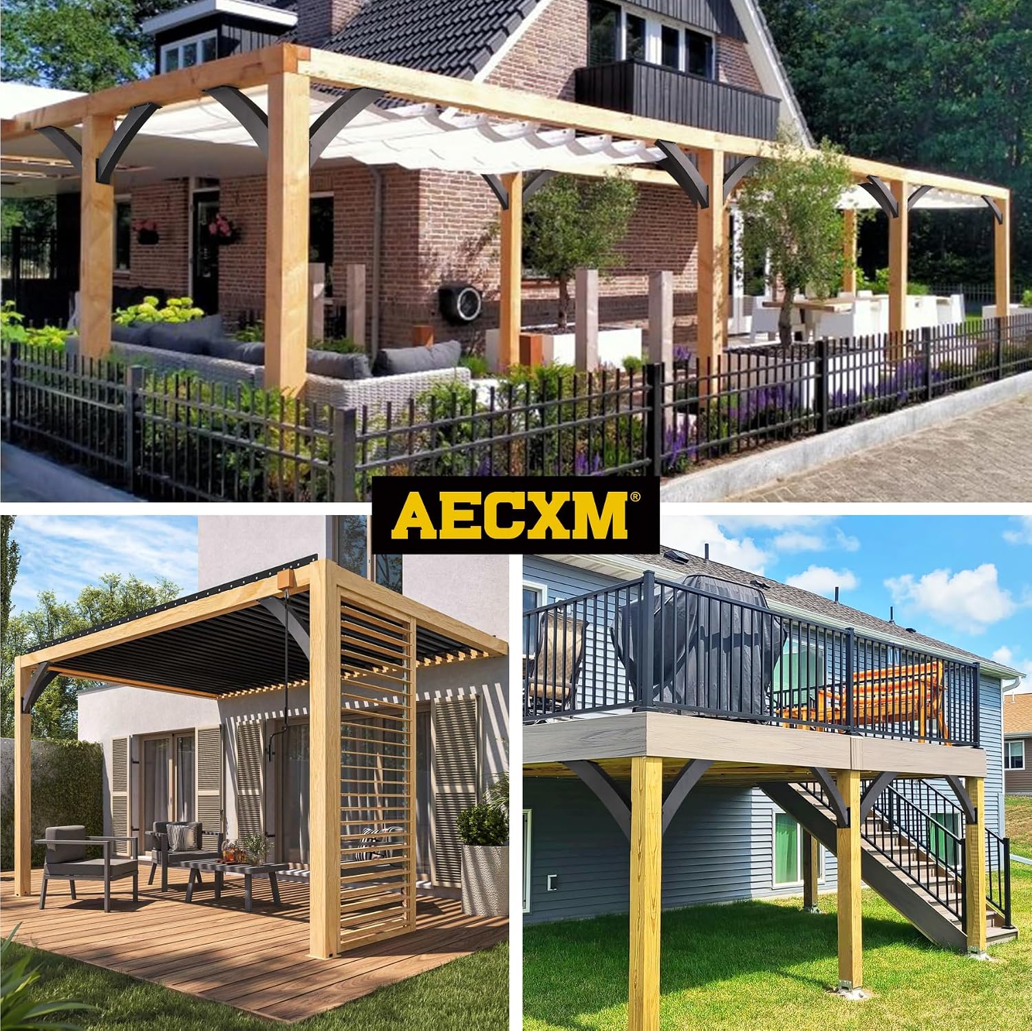 AECXM Heavy Duty 2''x4'' (Actual: 1.5''x3.2'') Arc 45° Angle Support Brackets, for gazebos, Decks, porches, Log Cabins and Other Wood Frame Degree Angle Pergola (4-Bracket)