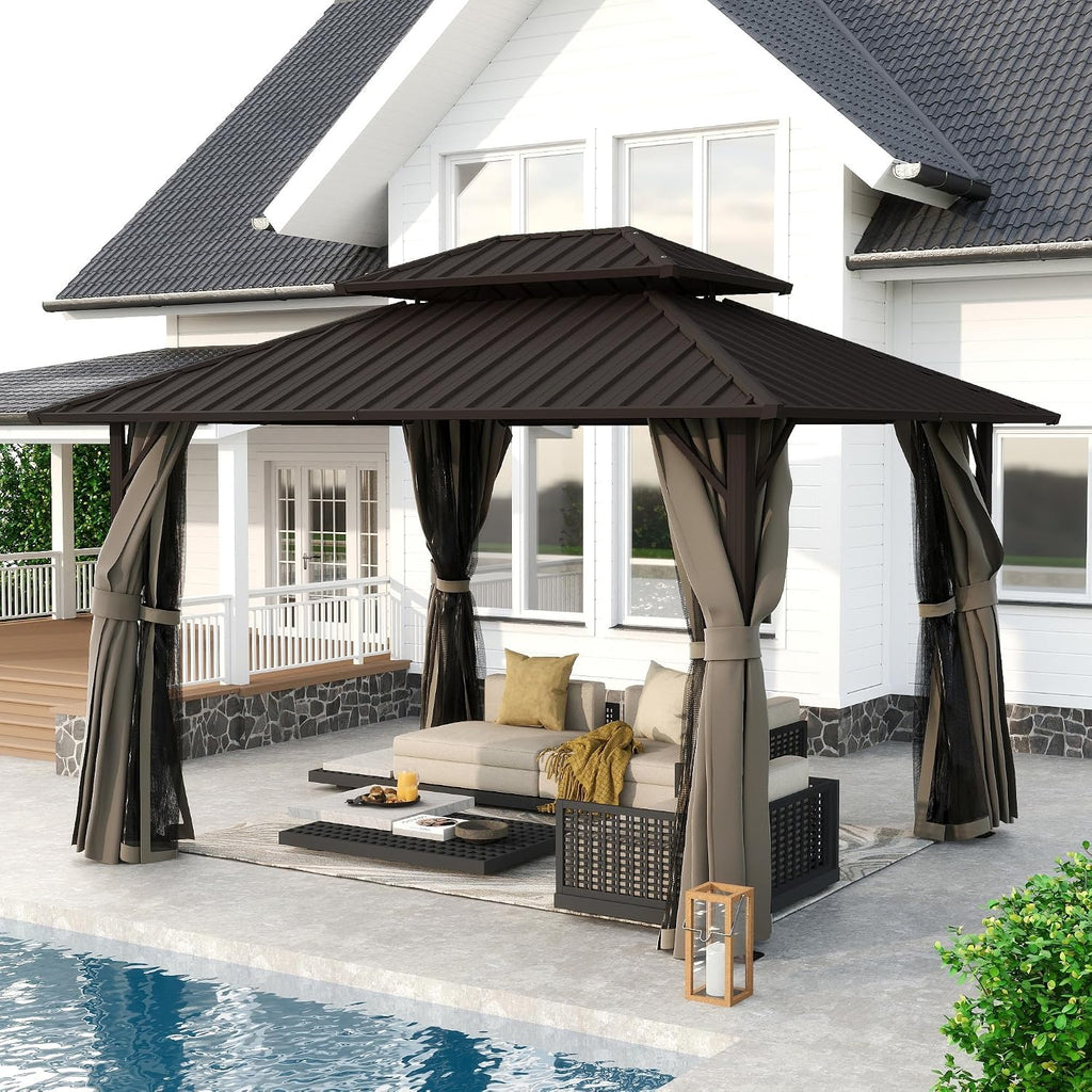 HAPPATIO 10'x12' Outdoor Gazebo with Hardtop Roof, Double Galvanized Steel Roof Canopy with Aluminum Frame, Curtains and Netting for Patio, Backyard, Deck, Lawn, Easy Assembly (Brown)