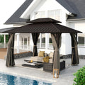 HAPPATIO 10'x12' Outdoor Gazebo with Hardtop Roof, Double Galvanized Steel Roof Canopy with Aluminum Frame, Curtains and Netting for Patio, Backyard, Deck, Lawn, Easy Assembly (Brown)
