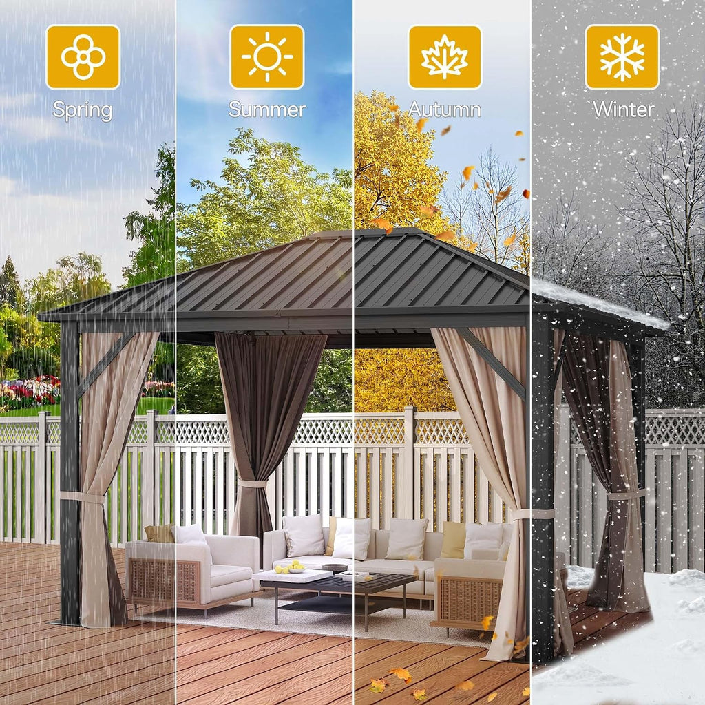 DWVO 10x12ft Gazebo Hardtop with Nettings and Curtains, Heavy Duty Galvanized Steel Outdoor Vertical Stripes Roof for Patio, Backyard, Deck, Lawns, Brown