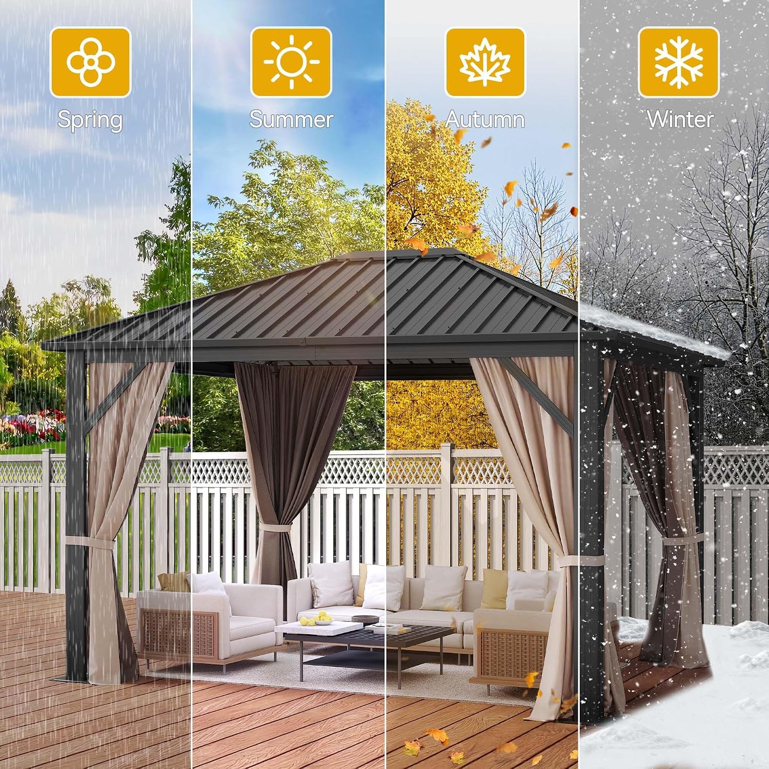 DWVO 10x12ft Gazebo Hardtop with Nettings and Curtains, Heavy Duty Galvanized Steel Outdoor Vertical Stripes Roof for Patio, Backyard, Deck, Lawns, Brown