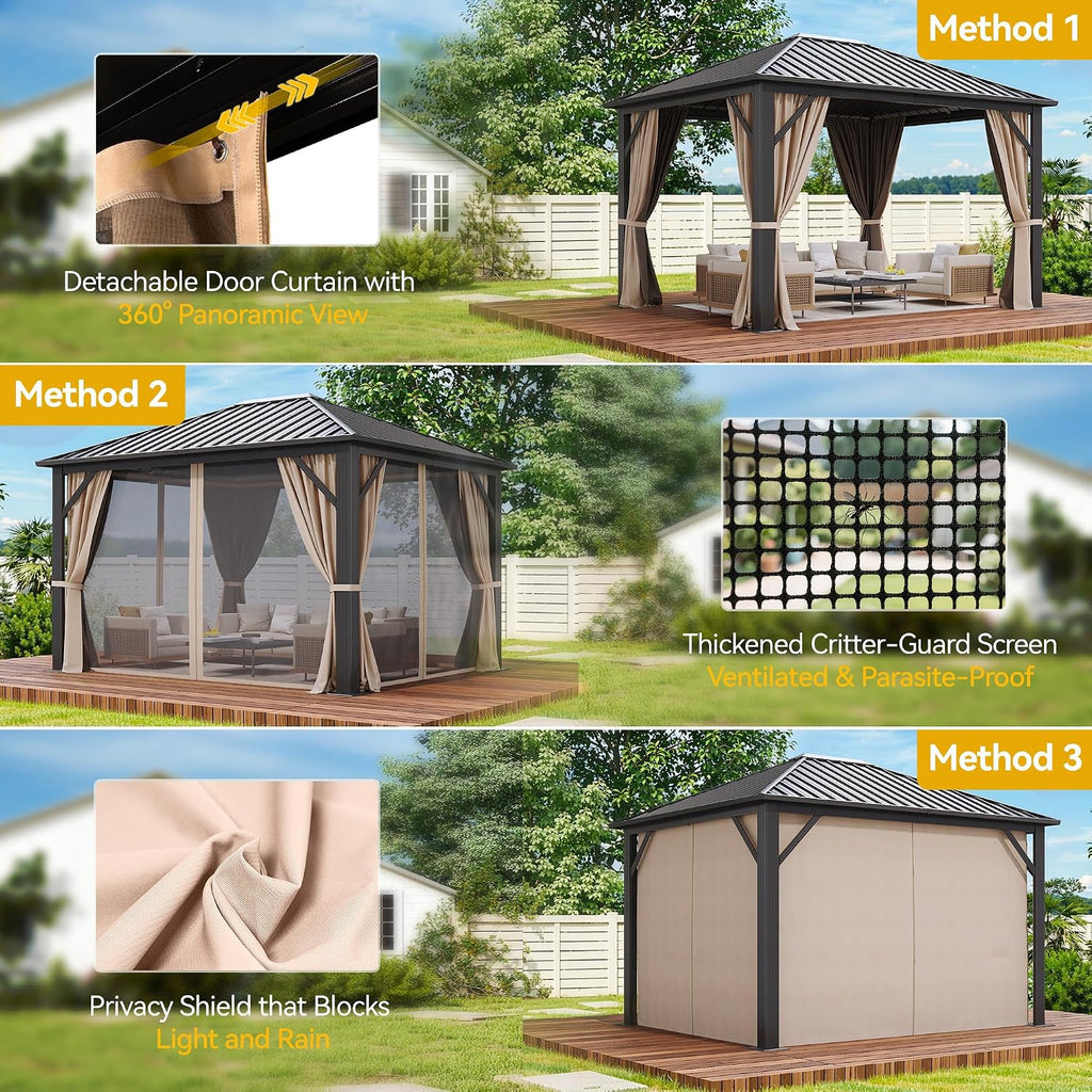 DWVO 10x12ft Gazebo Hardtop with Nettings and Curtains, Heavy Duty Galvanized Steel Outdoor Vertical Stripes Roof for Patio, Backyard, Deck, Lawns, Brown
