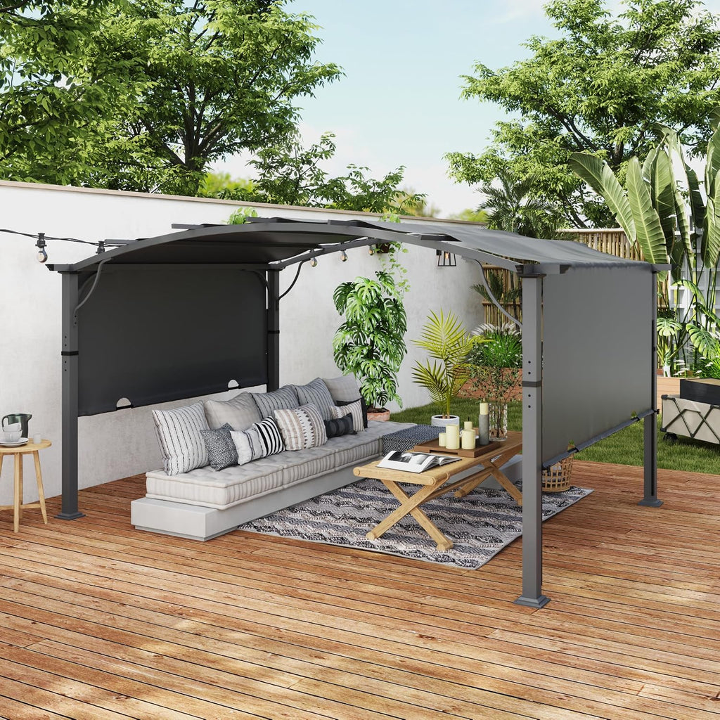 10' x13' Arched Outdoor Pergola for Deck, Outdoor Retractable Pergola with Canopy and Hardware, Small Aluminum Frame with Canopy Fixed in Various Positions (Grey)