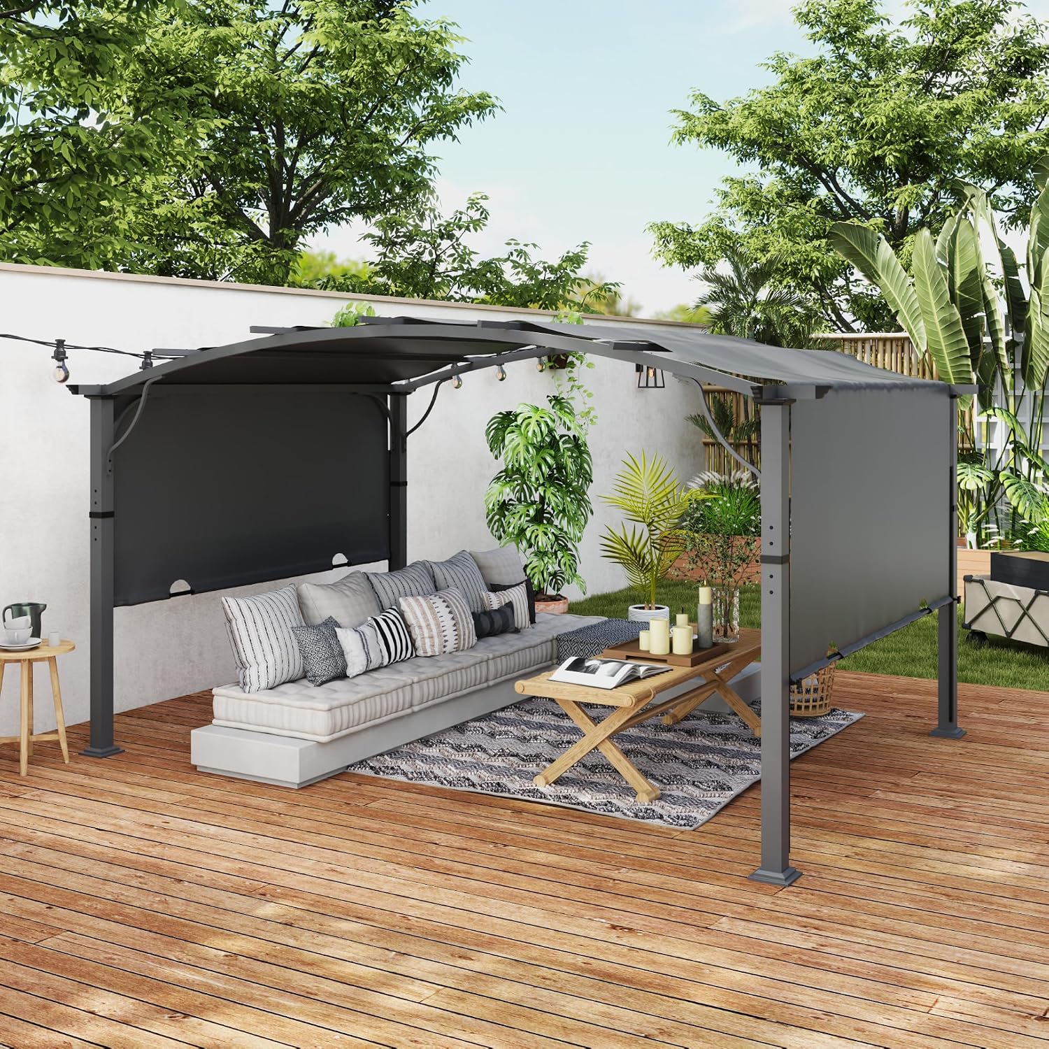 10' x13' Arched Outdoor Pergola for Deck, Outdoor Retractable Pergola with Canopy and Hardware, Small Aluminum Frame with Canopy Fixed in Various Positions (Grey)