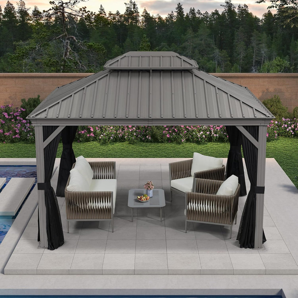 PURPLE LEAF 10' x 12' Hardtop Aluminum Gazebo with Double Metal Roof Heavy Duty Permanent Gazebo for Patio Deck Lawn Garden All Weather Outdoor Pavilion Gazebos, Light Grey